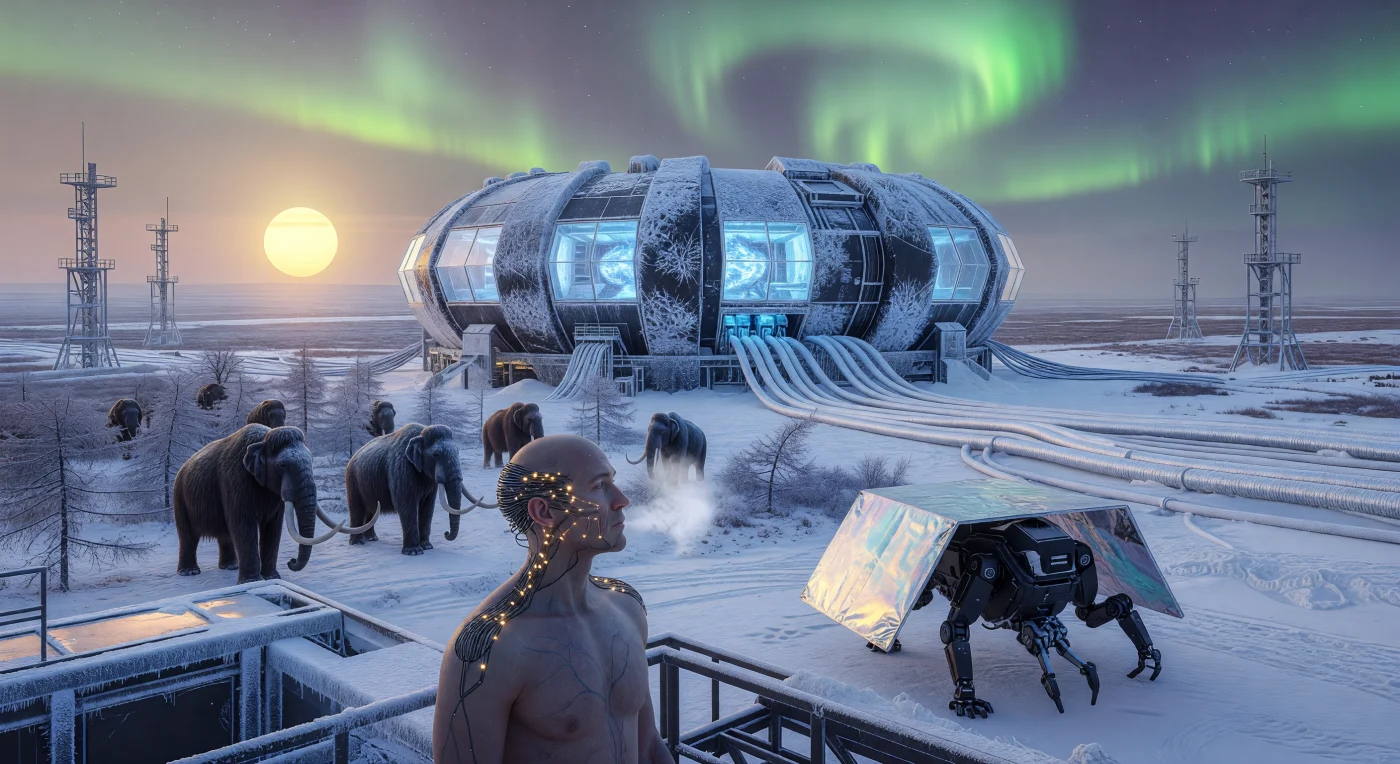 In der eisigen Weite Sibiriens markiert das blaue Leuchten der Tscherenkow-Strahlung eines massiven Tokamak-Reaktors den technologischen Höhepunkt der Ära „Die Schwelle“ (2025–2050). Inmitten dieser hochmodernen Infrastruktur ziehen de-extinktionierte Wollhaarmammuts (*Mammuthus primigenius*) durch Haine aus genetisch optimierten Lärchen, wo sie durch Bodenverdichtung den klimakritischen Permafrost stabilisieren. Ein mittels CRISPR-Verfahren kälteresistenter Mensch und ein hexapedaler Synthetik-Arbeiter überwachen hier das Netzwerk aus supraleitenden Kabeln, das die symbiotische Koexistenz von biologischer Adaptation und nuklearer Fusion in der subarktischen Tundra ermöglicht.