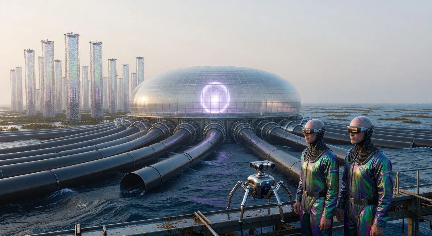 By the year 2048, during the transitional era known as The Threshold, Earth’s coastlines became high-tech industrial frontiers driven by the "Blue Acceleration." This scene depicts a "Star-on-the-Shore" fusion complex, where a massive toroidal reactor harnesses seawater deuterium to power gargantuan desalination pipes and honeycomb-patterned carbon-capture towers. In the foreground, Aqua-Augmented technicians—a specialized human lineage featuring synthetic gills and hydrophobic skin—monitor the facility beneath a pale, opalescent sky created by Stratospheric Aerosol Injection to regulate planetary temperatures. This managed ecosystem represents the peak of mid-21st-century geoengineering, where industrial survival and biological augmentation intersect at the ocean's edge.