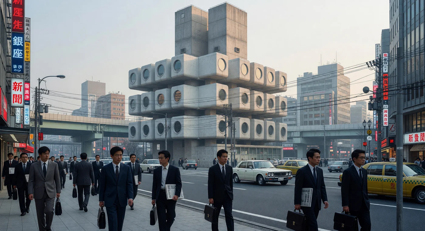 A Nakagin Capsule Tower ergue-se como um ícone do movimento Metabolista em Tóquio, exibindo suas cápsulas modulares de concreto com janelas circulares que simbolizavam a visão futurista de 1972. Sob a névoa matinal do distrito de Ginza, trabalhadores assalariados em ternos de poliéster caminham ao lado de sedãs Toyota da época, capturando a essência da rápida modernização e do crescimento econômico japonês no pós-guerra. Projetada por Kisho Kurokawa, a estrutura exemplifica uma filosofia arquitetônica que buscava criar edifícios orgânicos e adaptáveis para as crescentes necessidades da vida urbana contemporânea.