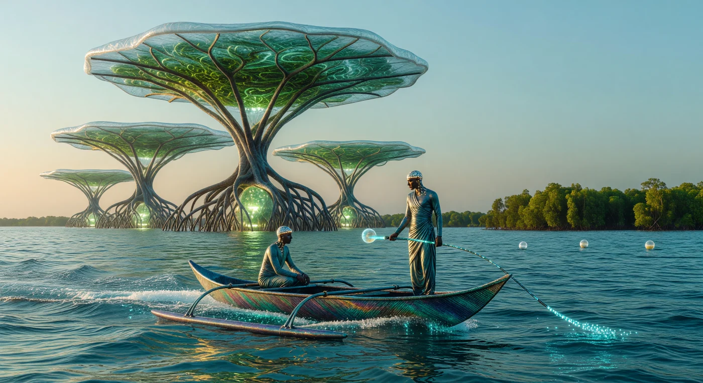 Hacia el año 2080, en los albores del Amanecer Aumentado, la Bahía de Bengala alberga colosales torres de "Hoja Artificial" de 400 metros que procesan microalgas genéticamente optimizadas para restaurar el equilibrio del carbono atmosférico. En este ecosistema tecnobiótico, humanos "Bio-Synths" vinculados por micelio neural supervisan la recuperación de poblaciones de peces Hilsa (*Tenualosa ilisha*) desde embarcaciones de carbono iridiscente, integrando la tecnología de fusión aneutrónica con la biodiversidad resiliente de los Sundarbans. Esta escena marca un hito en la historia de la biosfera, donde la ingeniería de vanguardia y la custodia ecológica buscan revertir las huellas del Antropoceno para forjar una nueva simbiosis planetaria.