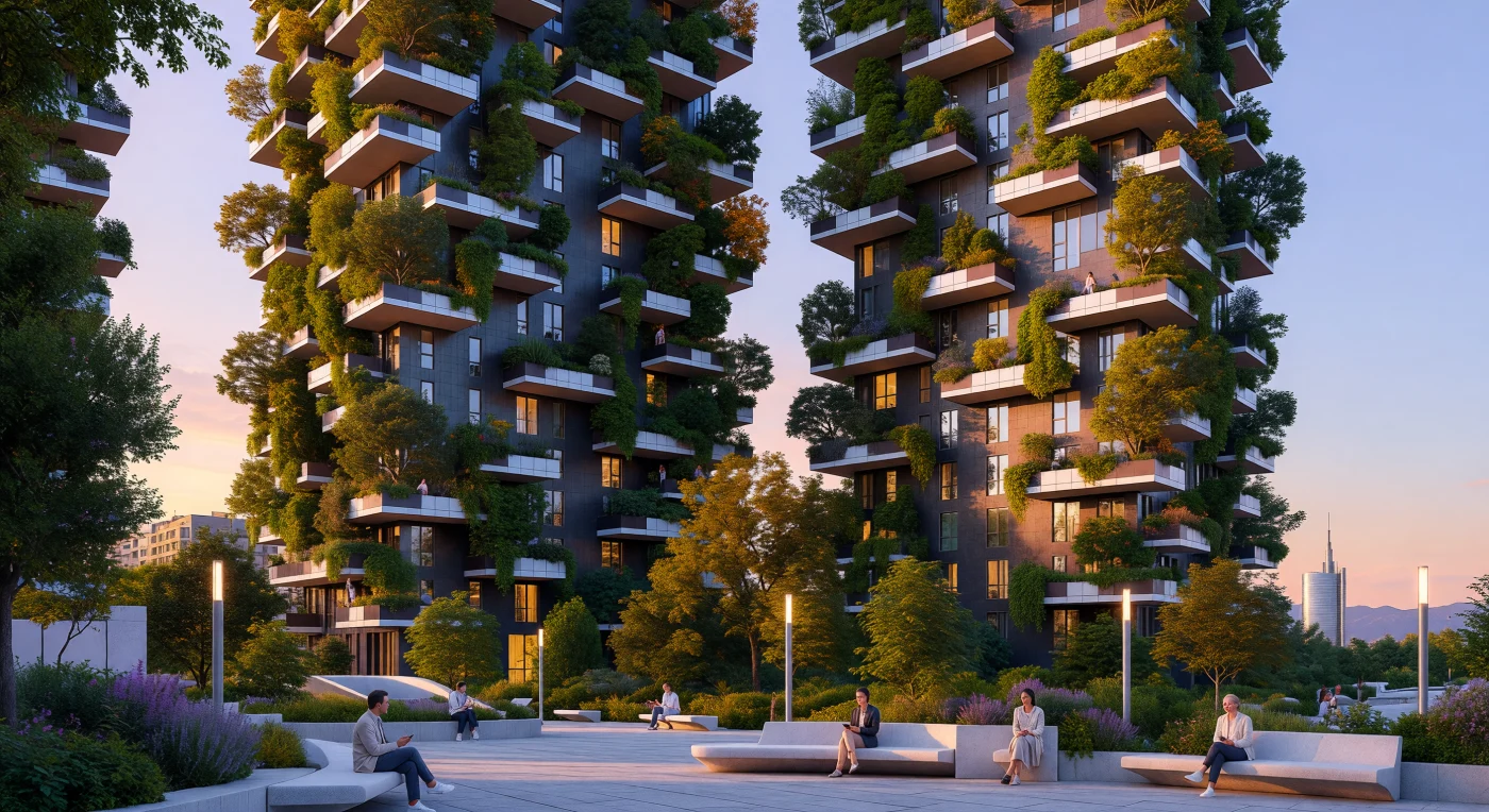 Las torres del Bosco Verticale en Milán se alzan como un innovador oasis urbano, con sus fachadas de gres porcelánico oscuro casi ocultas tras balcones de hormigón que albergan un ecosistema de más de 900 árboles y miles de arbustos bajo la cálida luz de un atardecer mediterráneo. Este hito de la arquitectura de la Era Digital ejemplifica el auge de la sostenibilidad y el diseño biomimético, integrando la naturaleza directamente en la estructura para mejorar el microclima y la biodiversidad de la metrópoli. La imagen captura el equilibrio perfecto entre la tecnología de construcción avanzada y la vida orgánica, definiendo la estética "Eco-Tech" que caracteriza el urbanismo del siglo XXI.