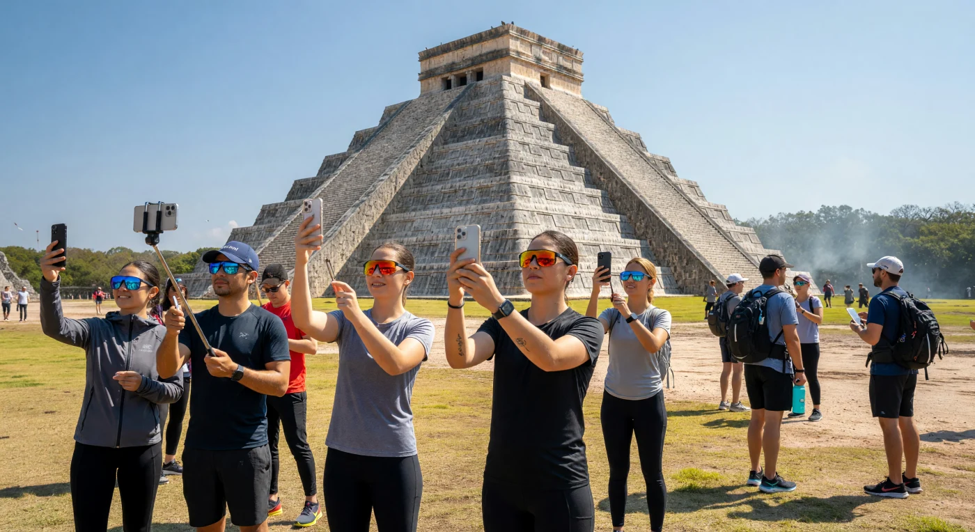 International tourists wearing synthetic athleisure and polarized eyewear use smartphones mounted on extendable sticks to capture portraits before the Temple of Kukulcán. This scene epitomizes the "Screen Loop" of the early 21st century, a period defined by the convergence of global mass tourism and the constant digital documentation of personal experience. The juxtaposition of the ancient Maya limestone pyramid with modern technical apparel and mobile devices illustrates the hyper-connected, media-driven nature of the Digital Age.