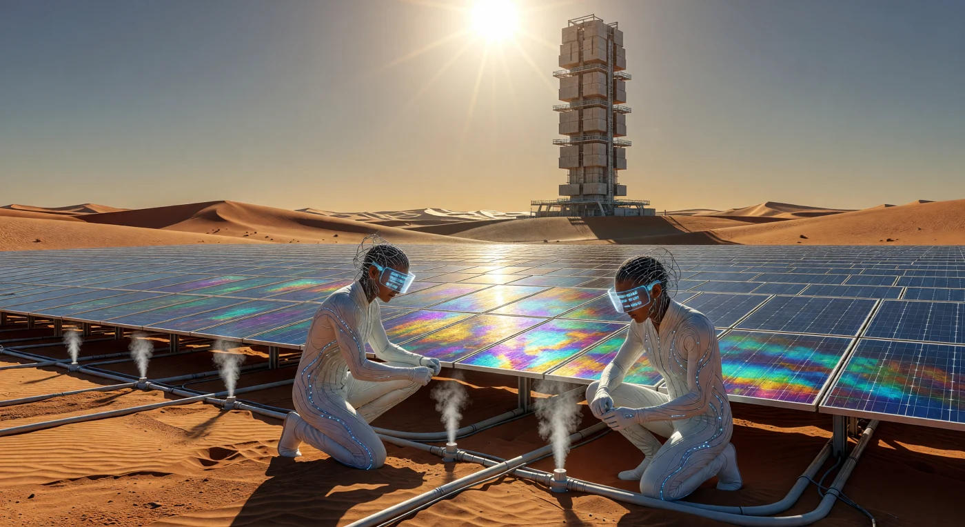 يُظهر هذا المشهد من عصر "العتبة" (2025-2050) في منطقة الساحل الأفريقي "الحراس"، وهم سلالة من البشر تم تحسينهم جينياً للتكيف مع حرارة تصل إلى 55 درجة مئوية، أثناء صيانتهم للحزام الشمسي العظيم المكون من ألواح البيروفسكايت والسيليكون المتلألئة. وسط الكثبان الرملية الحمراء، تبرد كابلات النيتروجين السائل الأنظمة فائقة التوصيل تحت الأرضية، مما يخلق سحباً من التكثف تتبخر فوراً في الهواء الجاف. يبرز في الأفق البعيد برج تخزين الطاقة بالجاذبية كصرح ضخم يجسد تحول القارة إلى مركز طاقة عالمي، في تباين مذهل بين التقنيات السيبرانية المتقدمة والطبيعة الصحراوية القاسية.