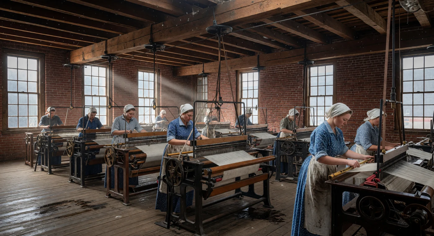 En el interior de una fábrica de ladrillo rojo en Lowell, Massachusetts, hacia 1840, jóvenes trabajadoras conocidas como las "Lowell Mill Girls" operan hileras de telares mecánicos impulsados por energía hidráulica. La luz matutina se filtra a través de altas ventanas simétricas, iluminando el denso polvo de algodón en suspensión mientras las correas de cuero giran rítmicamente bajo pesadas vigas de madera. Esta escena ilustra los albores de la Revolución Industrial en las Américas, marcando una transición histórica del trabajo artesanal a la producción masiva que redefinió el papel socioeconómico de la mujer en el siglo XIX.
