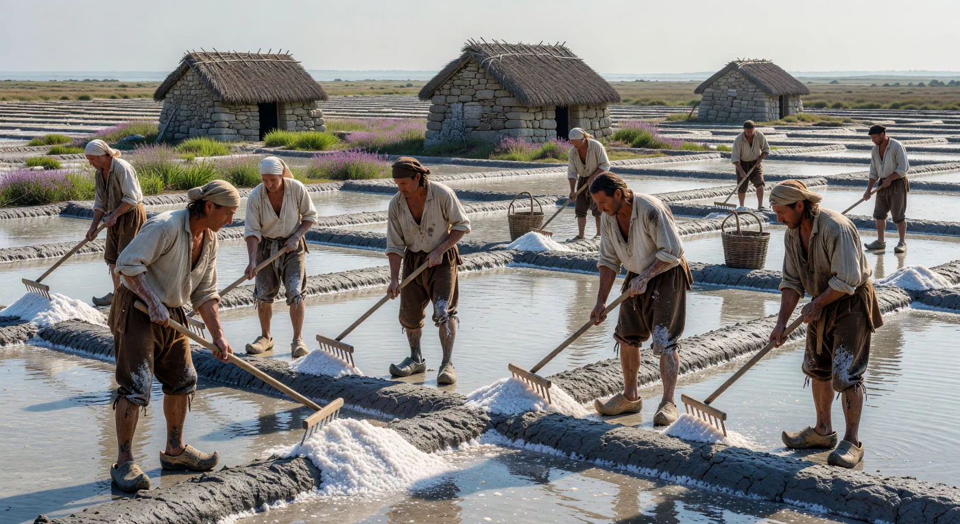 Bajo el sol radiante de la costa de Bretaña en el siglo XV, campesinos ataviados con camisas de lino y zuecos de madera utilizan largos rastrillos llamados "las" para recolectar cristales de sal de estanques poco profundos revestidos de arcilla. Estas salinas representaban una industria crucial en la Baja Edad Media, produciendo el "oro blanco" necesario para la conservación de alimentos y el comercio marítimo a larga distancia. El paisaje muestra una red geométrica de evaporación donde el arduo trabajo manual transformaba el agua del Atlántico en una de las mercancías más valiosas y esenciales de la Europa medieval.