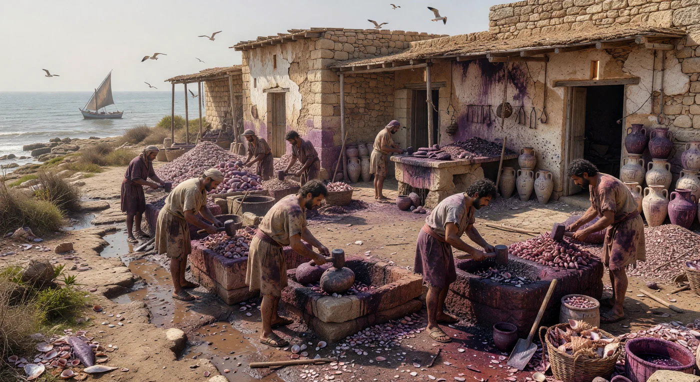 En la costa púnica cercana a Cartago, obreros norteafricanos y púnicos aplastan montones de conchas de múrice junto a pilas de piedra teñidas de violeta parduzco, entre ánforas apiladas, almacenes de arenisca y un aire cargado por sal, desechos y aves marinas. En el siglo III a. C., estos talleres producían la célebre púrpura tiria, un tinte de lujo obtenido de las glándulas de caracoles marinos mediante un proceso lento, pestilente y agotador. La escena revela el contraste central del comercio cartaginés: una industria costera brutal y maloliente que alimentaba una de las mercancías más prestigiosas del Mediterráneo antiguo.