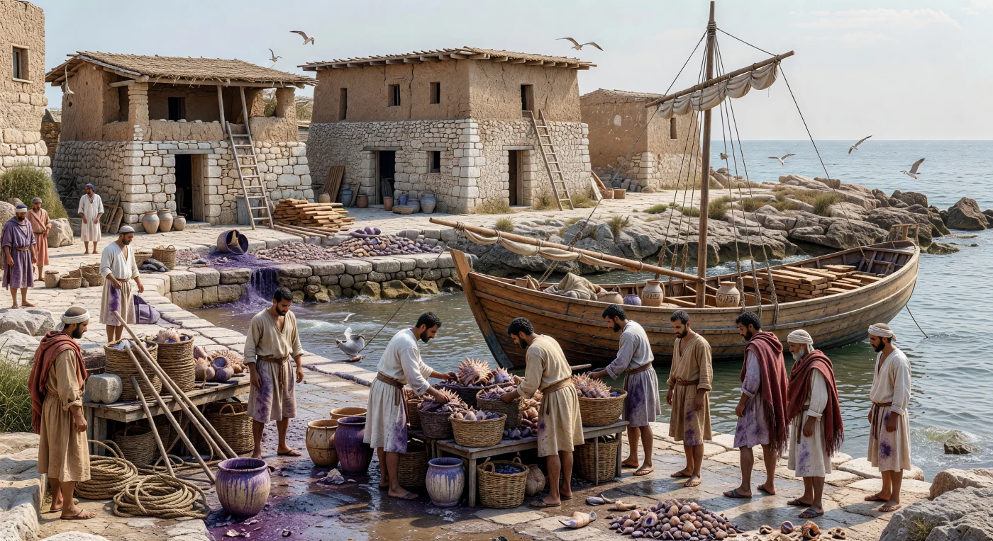 En esta orilla rocosa de Tiro, en la costa levantina hacia los siglos VIII–VII a. C., trabajadores fenicios descargan cestas llenas de caracolas múrex junto a almacenes de piedra caliza y adobe, mientras un mercante de tablazón de cedro permanece amarrado con la vela cuadrada arriada. La escena muestra una de las industrias más célebres del mundo fenicio: la producción del valiosísimo tinte púrpura, extraído del múrex mediante un proceso laborioso y pestilente que convirtió a Tiro en un gran centro comercial del Mediterráneo. Entre montones de conchas rotas, ánforas de transporte y agua manchada de violeta, el muelle revela la base material de la riqueza marítima fenicia en la Edad del Hierro.