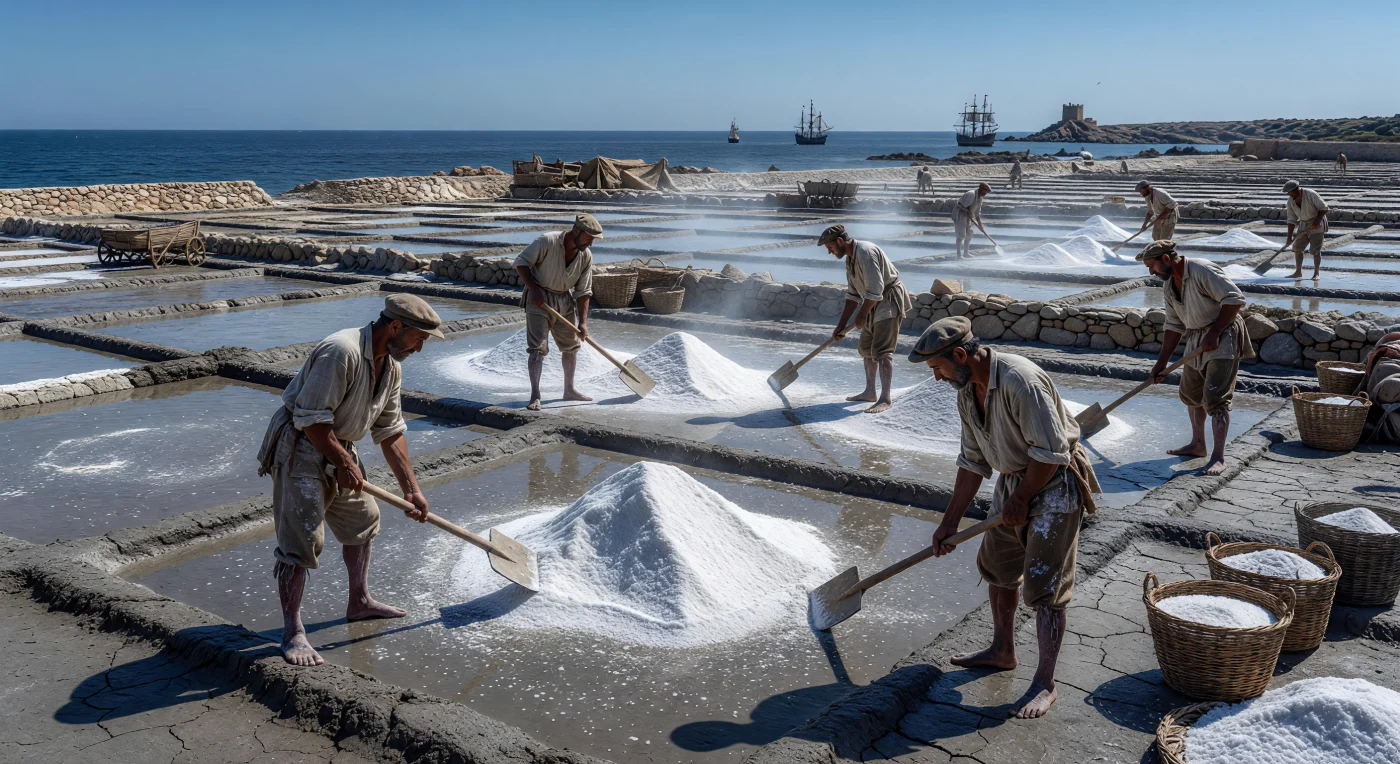 Bajo el intenso sol del Mediterráneo del siglo XVI, trabajadores con vestiduras de lino recolectan cuidadosamente el "oro blanco" utilizando herramientas de madera para evitar que el hierro oxide los cristales. Esta industria de evaporación en balsas de arcilla era vital para la economía renacentista, proporcionando el conservante esencial que permitía a las carabelas y naos, visibles en el horizonte, emprender sus largas travesías oceánicas. La escena captura una labor manual extenuante que transformaba el agua marina en uno de los recursos más estratégicos de la era de los descubrimientos.
