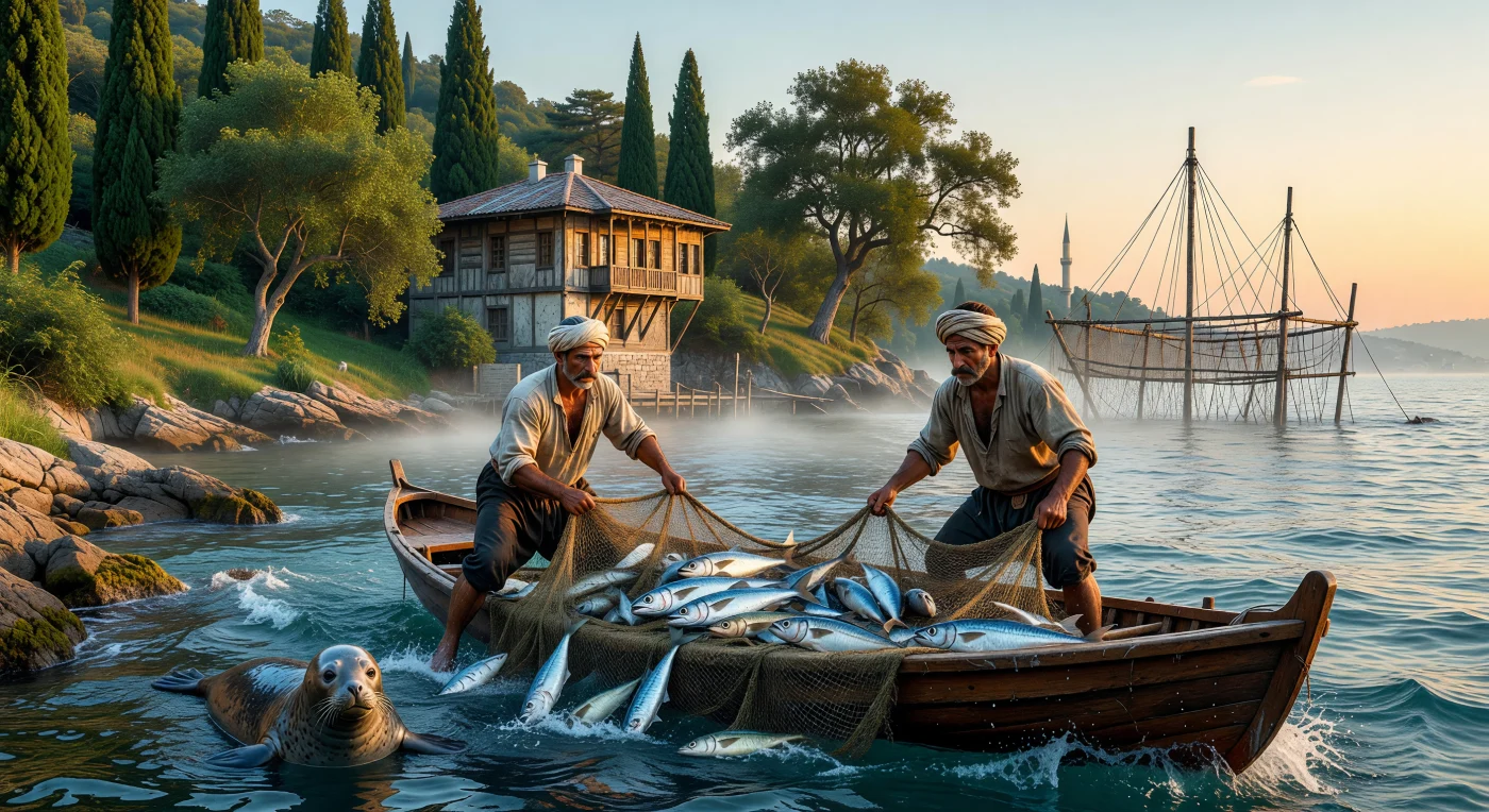 Fishermen on the 16th-century Bosphorus haul heavy hemp nets filled with bluefish and Atlantic bonito into a traditional wooden kayık, a scene illustrating the vital maritime economy of the Ottoman Golden Age. The shoreline features the "hayat" style timber-framed architecture and slender "pencil" minarets characteristic of the Classical Ottoman period, while a Mediterranean monk seal surfaces in the foreground. This depiction captures the "Dalyan" fishing technique and the rich biodiversity of the strait that sustained the diverse population of the imperial capital.