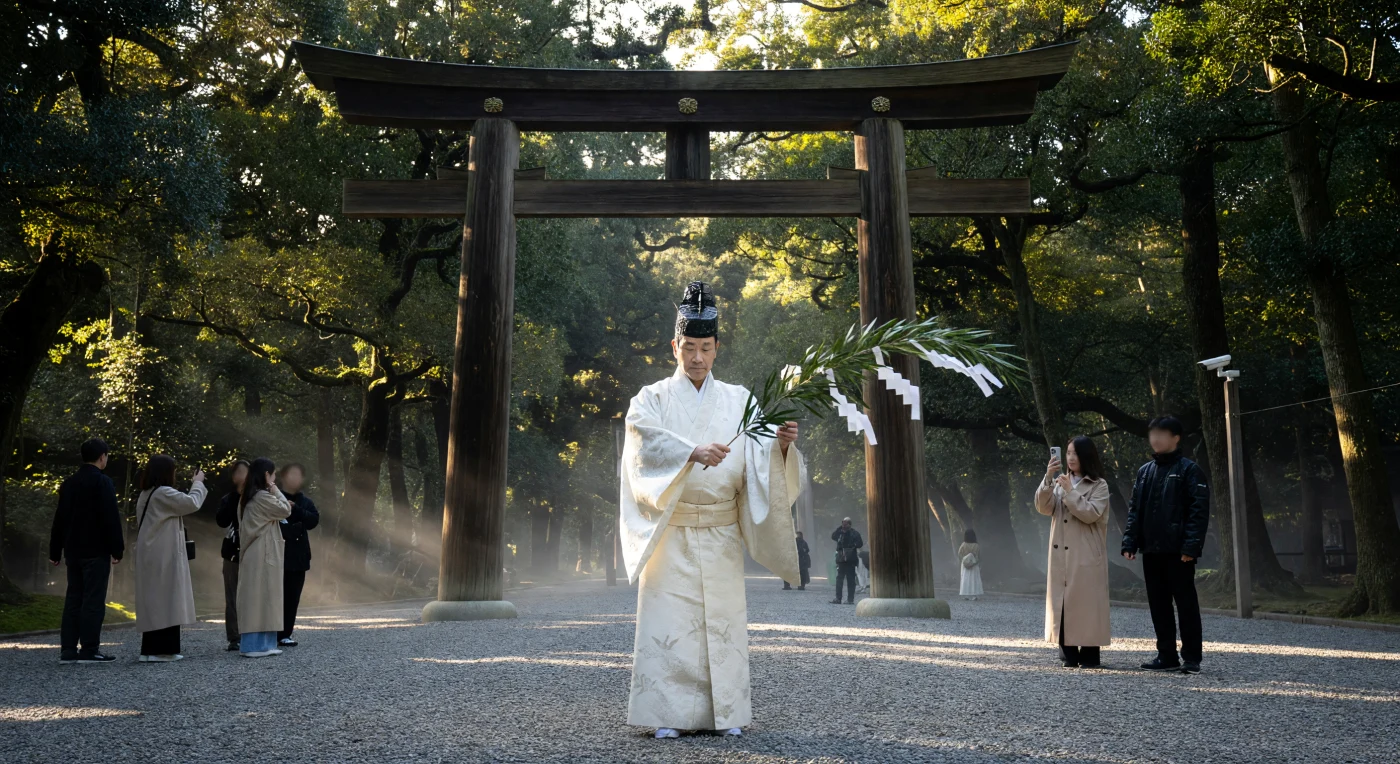 A Shinto priest performs the *harae* purification ritual at Tokyo’s Meiji Jingu, wielding a sacred *sakaki* branch before the shrine's massive *O-Torii* gate, which is constructed from ancient Taiwanese cypress. His traditional *kariginu* robes and lacquered *eboshi* hat represent a spiritual continuity dating back over a millennium, now framed by the subtle presence of modern tourists and digital surveillance. This scene captures the essence of the Digital Age in East Asia, where sacred traditions are meticulously preserved amidst the rapid technological integration of the 21st century.