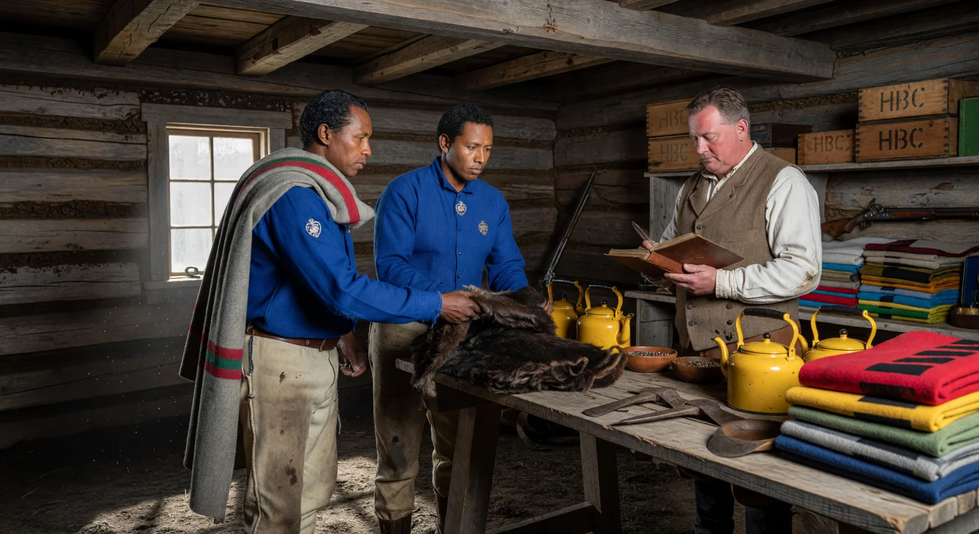 À l'intérieur d'un poste de traite de la Compagnie de la Baie d'Hudson vers 1820, deux commerçants haudenosaunee négocient l'échange de précieuses peaux de castor contre des chaudrons en laiton et des broches en argent avec un commis écossais. Cette scène illustre la complexité des alliances économiques de l'époque, où des produits manufacturés européens, tels que le drap d'indigo et les couvertures à points, s'intégraient durablement aux modes de vie et aux parures des nations autochtones. Le décor de bois équarri et l'atmosphère feutrée du fort témoignent de l'importance cruciale du commerce des fourrures dans le développement colonial et la transformation des territoires de l'Amérique du Nord.