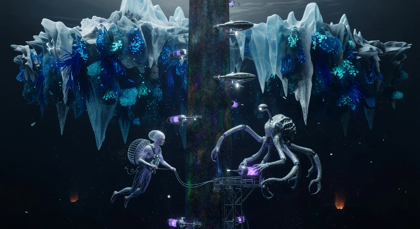 En esta escena de la Gran Divergencia (2200-2500 d.C.), la imponente estructura de «La Aguja» atraviesa la corteza de hielo de Europa para transportar isótopos de deuterio y helio-3 hacia las estaciones de procesamiento abisales. Un técnico de la especie *Homo adaptus*, evolucionado con branquias y un melón de biosónar para la vida submarina, colabora con un híbrido cefalópodo biosintético en el mantenimiento de este nexo energético vital. Bajo el tenue brillo de algas bioluminiscentes y la presión extrema del océano joviano, esta imagen captura la sofisticada adaptación de la vida post-terrestre a un ecosistema impulsado exclusivamente por las fuerzas de marea de Júpiter.