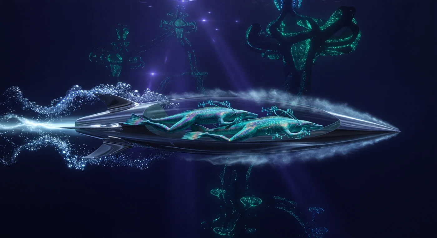 Au cœur de l'abysse de Tau Ceti e, ce glisseur à supercavitation profilé fend les eaux denses à 800 nœuds, protégé par une membrane de vapeur générée par électrolyse qui élimine toute traînée fluide. À l'intérieur, deux *Cetus-Sapiens* — descendants de l'humanité bio-ingénierés pour résister aux pressions extrêmes de l'Aube Interstellaire (3000-5000 ap. J.-C.) — pilotent l'engin à l'aide de membres préhensiles et d'interfaces chimiques fluides. Le sillage de bulles sonoluminescentes illumine l'obscurité indigo, révélant au loin les structures monumentales du Bio-Lattice, un réseau de coraux-ordinateurs gérant l'équilibre biogéochimique de cet océan profond de 120 kilomètres.