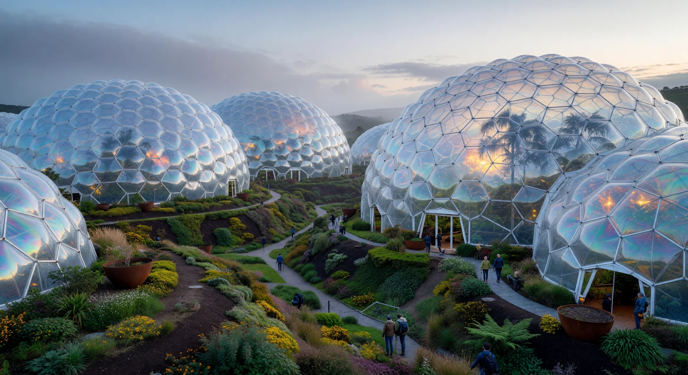The Eden Project’s biomes in Cornwall represent a pinnacle of early 21st-century "Eco-Tech" architecture, utilizing lightweight, pneumatic ETFE (Ethylene Tetrafluoroethylene) pillows held within a complex geodesic space frame of galvanized steel. This view captures the transition to dusk as the domes begin to glow from within, revealing the lush tropical silhouettes of a managed rainforest housed inside a reclaimed industrial clay pit. These structures exemplify the Digital Age’s shift toward biomimetic design and sustainable urbanism, blending advanced materials science with a commitment to ecological restoration and public education.