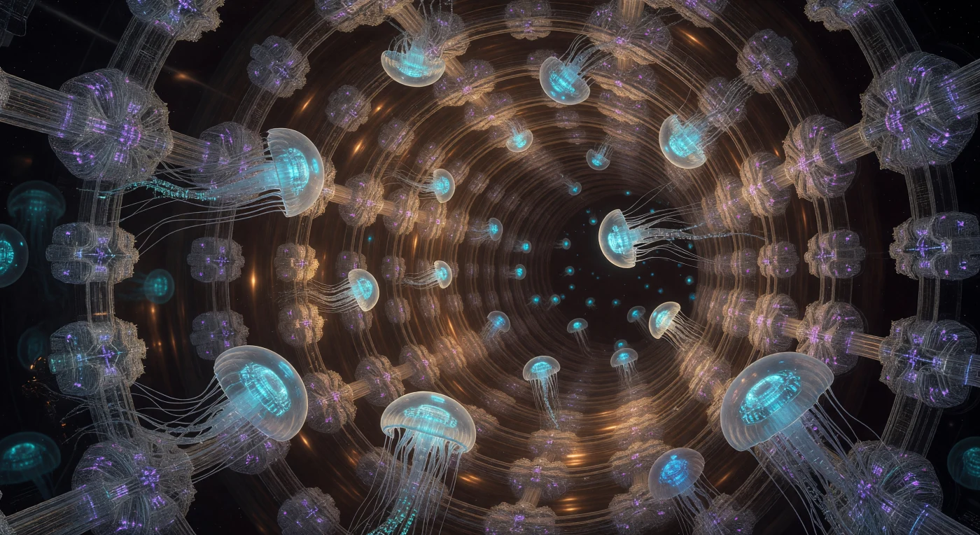 In this depiction of the Cosmic Maturity era (c. 20,000–100,000 CE), specialized maintenance nanomachines navigate a primary cooling conduit within a Matrioshka Brain surrounding a G-type star. Submerged in zero-viscosity superfluid Helium-3, these translucent, jellyfish-like units use carbon-nanotube filaments to dissipate entropic waste heat from the iridescent diamondoid lattices of a stellar-scale quantum computer. This delicate mechanical ecosystem is essential for preserving the functional integrity of Substrate-Independent Minds, the post-biological entities that represent the pinnacle of Kardashev Type II civilizations.