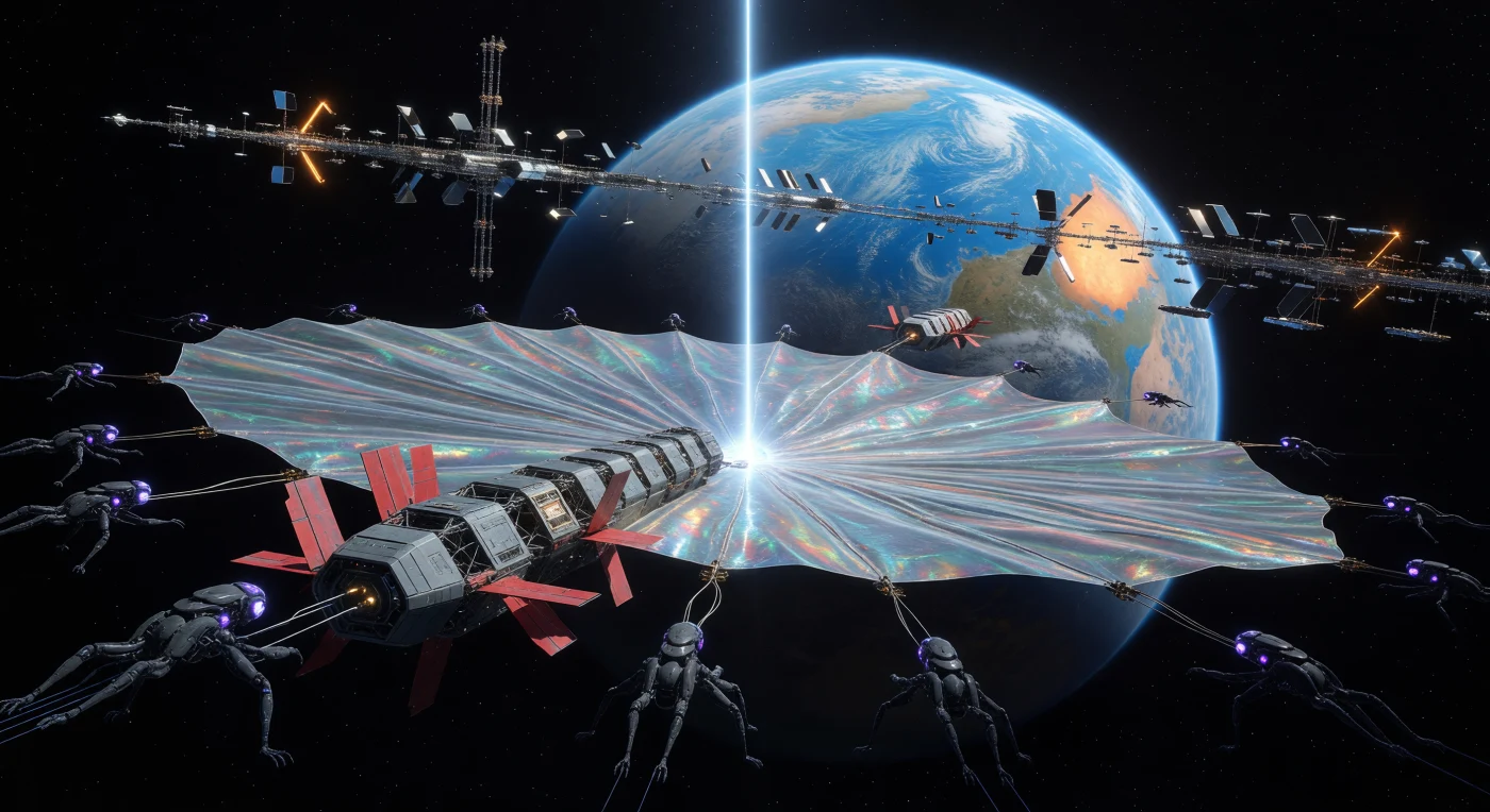 Au cœur de l'Âge Galactique (v. 5 000 – 20 000 apr. J.-C.), cette immense voile photonique en graphène de 100 kilomètres capte un faisceau laser Nicoll-Dyson pour freiner un transporteur interstellaire à l'approche d'une super-Terre. Sur la structure modulaire, on distingue les silhouettes des « Nés-du-Vide », une clade litho-synthétique aux tissus enrichis en pérovskite capable de se nourrir directement de radiations stellaires. Ce panorama témoigne d'une ère où la vie, libérée de ses entraves biologiques, a transformé le vide spatial en un écosystème technologique alimenté par l'énergie totale des étoiles.