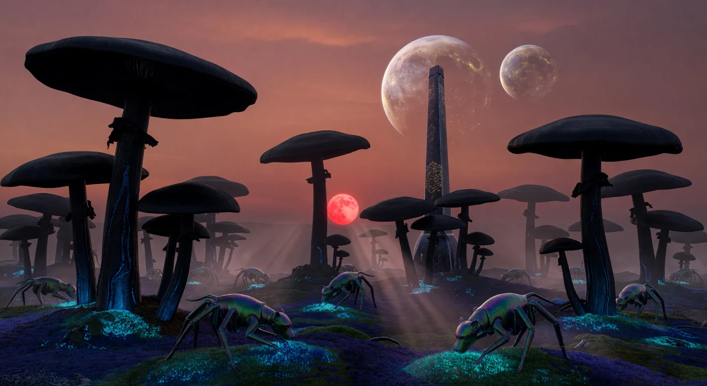 성간 여명기(서기 3000~5000년경)의 TRAPPIST-1f 행성, 영원한 황혼이 깃든 명암 경계 지대에는 적색왜성의 적외선을 흡수하기 위해 검은 부채꼴로 진화한 거대 균사체 ‘타워 펑기(Tower-Fungi)’ 숲이 장관을 이룹니다. 이 기묘한 숲의 바닥에서는 유전 공학으로 설계된 육각류 생명체 ‘스크러버(Scrubber)’들이 무지갯빛 갑각을 뽐내며 푸른 빛을 내뿜는 ‘글리머 모스(Glimmer-Moss)’ 사이를 누비며 생태계를 정밀하게 관리합니다. 하늘에 떠 있는 거대한 자매 행성들과 궤도 공명을 이루며 살아가는 이 생명체들은 인류가 도달한 성간 문명의 정교한 생물 설계 기술과 외계 환경의 조화를 상징적으로 보여줍니다.