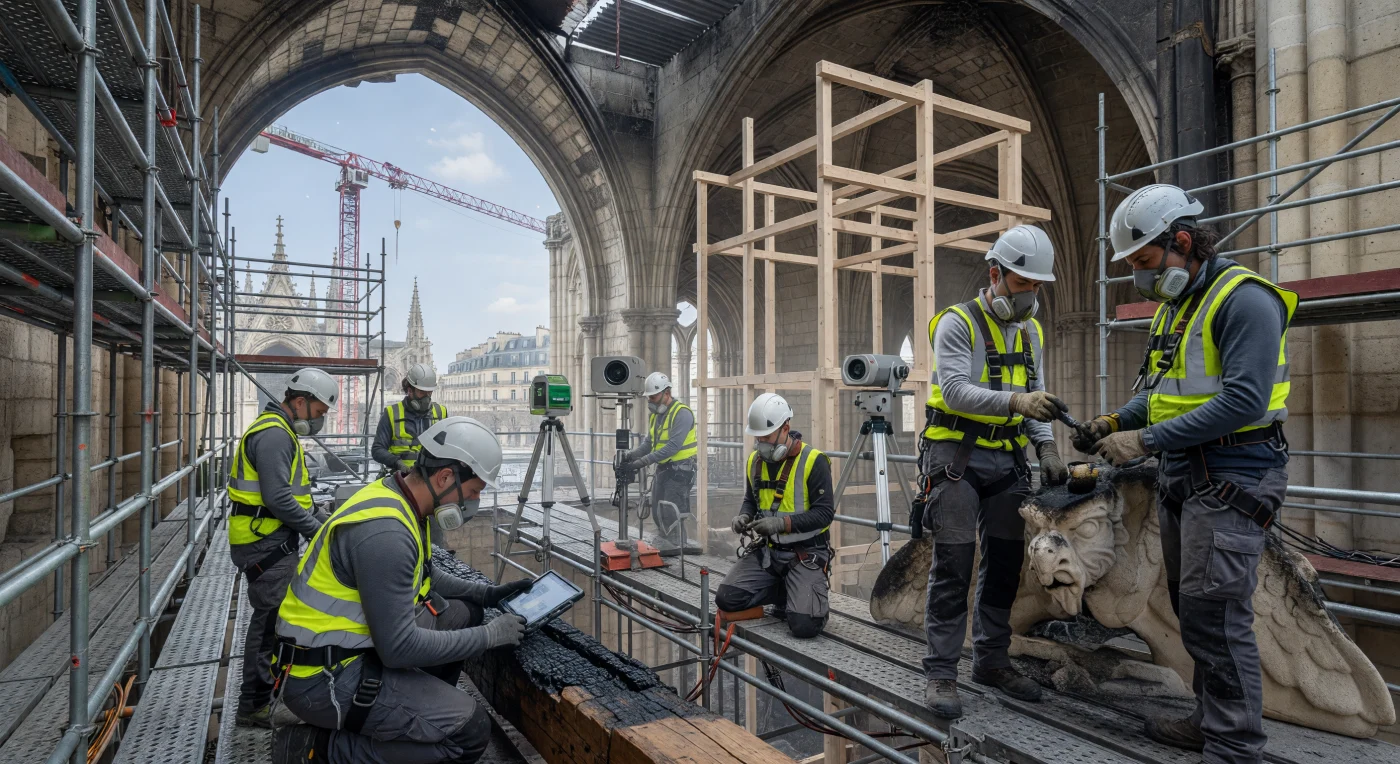 Sur une structure complexe d'échafaudages en acier, des artisans spécialisés s'emploient à restaurer la cathédrale Notre-Dame de Paris après l'incendie dévastateur d'avril 2019. Cette scène saisissante illustre la convergence entre les métiers d'art traditionnels et les technologies de pointe du XXIe siècle, où la stabilisation du calcaire lutétien et des poutres du XIIIe siècle s'appuie désormais sur des tablettes numériques et des scanners laser. Sous la lumière diffuse de la capitale, ce chantier titanesque témoigne de la résilience du patrimoine européen et de l'effort collectif pour sauvegarder un joyau de l'architecture gothique au cœur de l'ère numérique.
