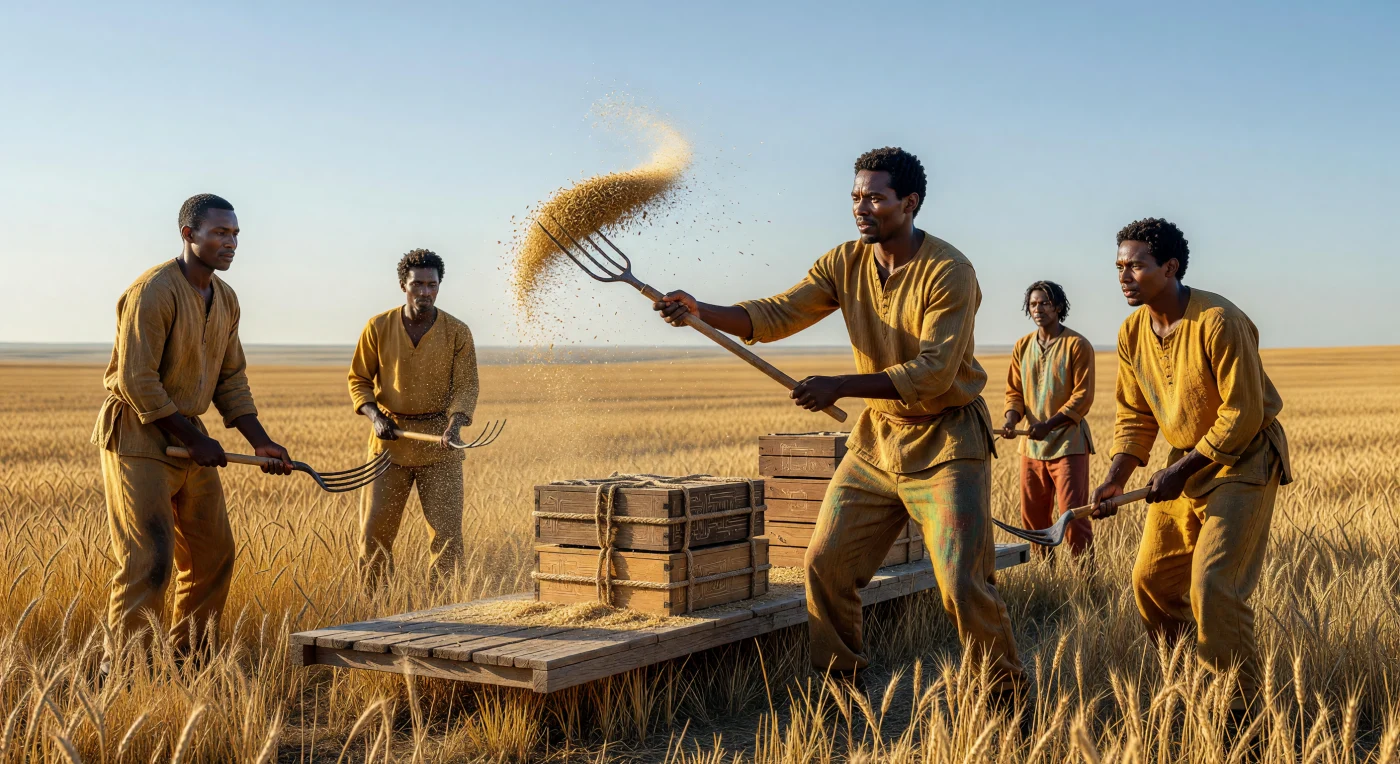 In questa veduta delle Grandi Pianure nordamericane durante l'era della Maturità Cosmica (circa 24.500 d.C.), un gruppo di esseri umani di base non aumentati (*Homo sapiens*) pratica la vagliatura manuale del grano in un ecosistema a bassa entropia meticolosamente preservato. Sebbene gli strumenti in legno e le vesti in fibra naturale suggeriscano un passato pre-industriale, la presenza di una piattaforma a levitazione magnetica mimetizzata sullo sfondo rivela la sofisticata tecnologia di una civiltà di Tipo II che agisce nell'ombra per mantenere la stabilità climatica e biologica. L'immagine testimonia il "Patto di Stasi", un rigoroso sforzo di conservazione evolutiva volto a proteggere l'eredità genetica e la dignità del lavoro manuale dell'umanità originale attraverso i millenni.