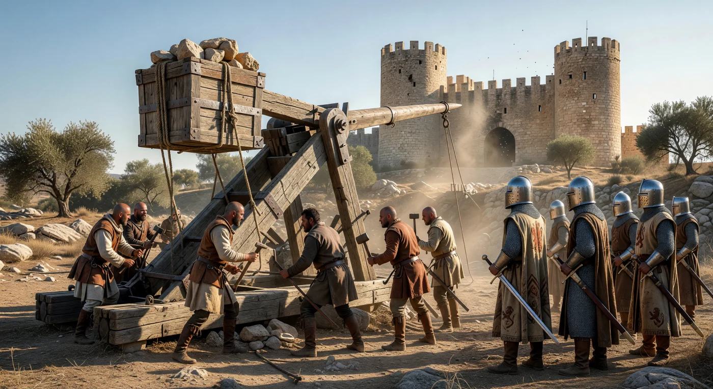 In het zonovergoten landschap van het 13e-eeuwse Zuid-Europa bereiden ingenieurs een massieve houten trebuchet voor op de aanval tegen een imposante kalkstenen vestingmuur. Terwijl de arbeiders in lederen wambuizen het loodzware contragewicht afstellen, houden ridders in maliënkolders en heraldische surcoats de wacht met hun imposante slagzwaarden. Dit tafereel illustreert de geavanceerde belegeringstechnieken van de Hoge Middeleeuwen, waarbij dergelijke ingenieuze werpmachines cruciaal waren om de groeiende macht van versterkte kastelen te breken.