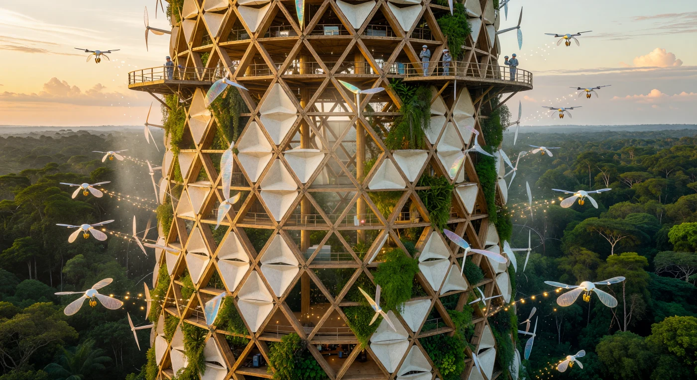 Surplombant l'immensité émeraude de l'Amazonie, cette structure en treillis de 400 mètres illustre l'époque du « Seuil » (2025-2050), une période charnière marquée par le Grand Réajustement de l'architecture vers une symbiose biologique. Ce monolithe de bois lamellé-croisé et de bambou ingénieré respire grâce à des volets cinétiques en composite de mycélium, tandis qu'un essaim de drones biomimétiques sature l'air pour restaurer activement la canopée environnante. À la jonction du bâti et du vivant, cet édifice incarne une strate technologique unique où l'ingénierie humaine, parée d'épiphytes et de mousses verticales, s'est muée en une extension protectrice des cycles naturels de la biosphère.