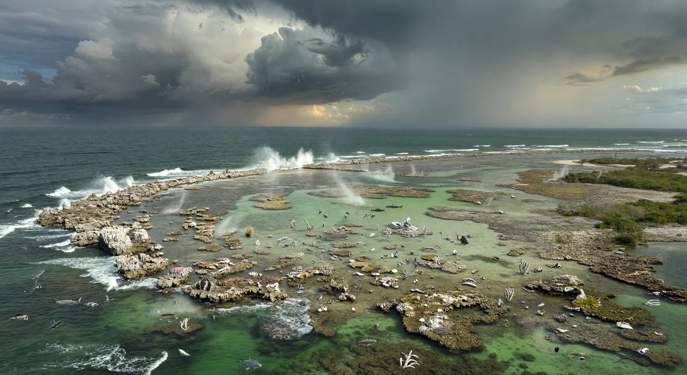A tropical epicontinental sea in the Middle to Late Devonian, roughly 390–370 million years ago, is shown under the violence of a major storm as waves crash across a stromatoporoid–coral reef rim and sediment-choked lagoon waters swirl behind it. The reef is built not by modern corals, but by stromatoporoid sponges together with tabulate and rugose corals, while scattered placoderm fishes, early sharks, and orthocone cephalopods inhabit the waters beyond the breakers. Low carbonate islands on the shelf support only early vascular plants—lycopsids, zosterophyll-like vegetation, and progymnosperm growth—reflecting a time when the first expanding land floras were beginning to alter erosion, runoff, and shallow-marine ecosystems.
