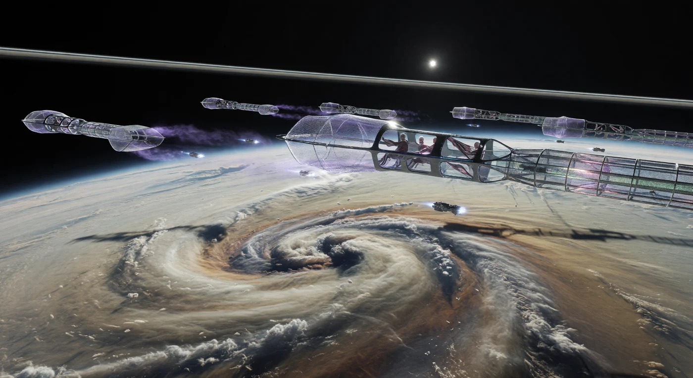 太陽系拡張期（西暦2500–3000年頃）、土星の成層圏境界では「クロニアン・ヘゲモニー」による大規模な資源採掘が行われていました。虹色に輝くカーボンナノチューブ製の巨大な電磁網を備えた「スキマー」艦隊が、渦巻くアンモニアの雲海から恒星炉の燃料となる重水素やヘリウム3を吸引しています。低重力と高圧環境に適応したポスト・ヒューマン種「エアロ」たちが、この壮大なガスの巨星を舞台に文明の生命線を維持する姿は、人類が地球を離れ宇宙のスケールへと進化した時代の象徴です。