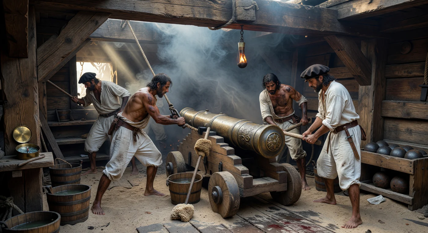 Within the smoke-choked gun deck of a mid-16th-century Tudor galleon, a seasoned crew maneuvers a massive bronze culverin into firing position using hemp tackles and wooden handspikes. This scene illustrates the grueling physical labor of Renaissance naval warfare, where sailors worked in cramped, low-ceilinged environments constructed from heavy English oak and reinforced with structural "knees." The use of coarse sand on the floorboards for traction against blood and sea spray, combined with the presence of cooling buckets and sheepskin sponges, reflects the specialized protocols developed as gunpowder artillery transformed the nature of maritime engagement during the age of global expansion.