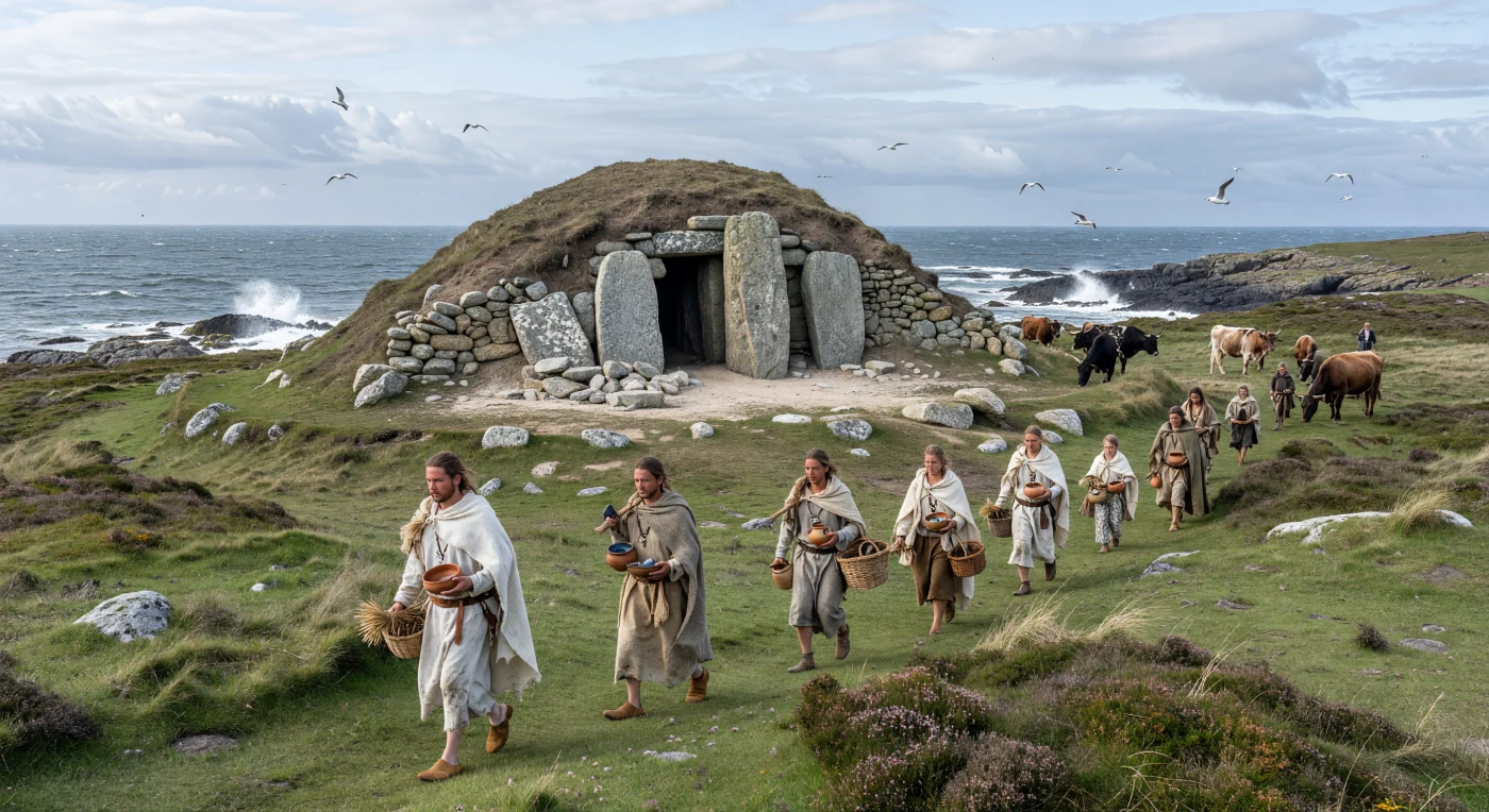Num promontório varrido pelo sal na Bretanha ou no oeste da Irlanda, uma pequena comunidade agrícola do Neolítico tardio avança em procissão para um túmulo de corredor recém-construído, levando tigelas de cerâmica, cestos e feixes de cereal, enquanto o mar cinzento‑azulado rebenta nas rochas abaixo. O monumento, erguido com grandes lajes locais e ainda parcialmente exposto sob um cairn baixo com marcas frescas de extração, mostra como estas sociedades atlânticas investiam enorme trabalho coletivo em sepulturas monumentais para os mortos e para a memória dos antepassados. O gado a pastar, as aves marinhas e a paisagem sem árvores sublinham um mundo costeiro duro, mas profundamente ligado às rotas e tradições megalíticas que uniam as margens ocidentais da Europa por volta de 380–320 a.C.
