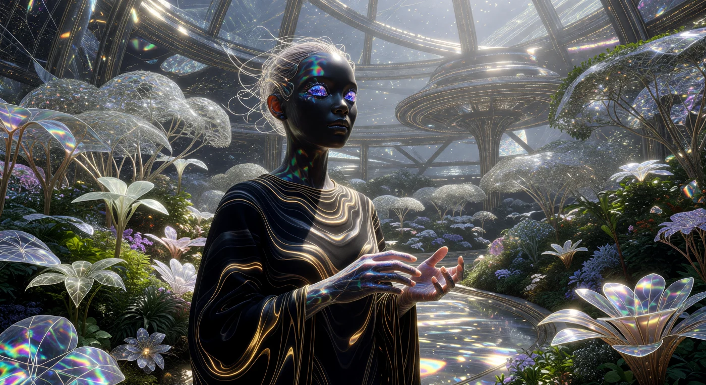 Um cidadão "Primogênito" exibe a Simetria Aureliana em um jardim biossintético dentro de uma Esfera de Dyson, vestindo uma Túnica de Fluxo composta por Seda de Nêutrons que absorve 99,9% da luz ambiente. Este registro do período "O Horizonte" (aprox. 100.000 a 1.000.000 d.C.) ilustra o auge da Consolidação Transmaterial, época em que a linhagem humana evoluiu para formas pós-biológicas com sensores multiespectrais e apêndices de precisão molecular. A interação entre o traje de matéria subatômica e a flora de "Bio-Renda" reflete um futuro distante onde a distinção entre tecnologia, biologia e as leis fundamentais da física colapsou em uma estética de transcendência absoluta.