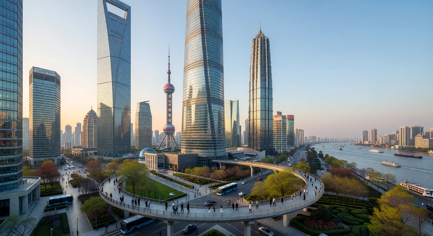 The Lujiazui skyline in Shanghai stands as a pinnacle of 21st-century architectural ambition, centered on the 120-degree twisting glass facade of the Shanghai Tower and the neo-futuristic pagoda tiers of the Jin Mao Building. This scene captures the essence of the Digital Age in East Asia, where rapid urbanization and technological integration are reflected in high-performance materials, 5G-enabled infrastructure, and a workforce defined by contemporary techwear and mobile connectivity. The presence of the iconic Oriental Pearl Tower alongside silent electric vehicles highlights China’s transformation during this period into a global leader of innovation and vertical megacity design.