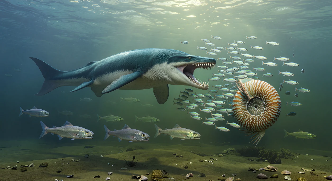 Há cerca de 80–75 milhões de anos, no mar interior ocidental que dividia a América do Norte, um enorme Tylosaurus proriger com cerca de 12 metros irrompe pelas águas azul-esverdeadas em perseguição, dispersando um cardume de pequenos peixes clupeomorfos prateados na direção de um amonite Placenticeras de quase 1 metro. Mais abaixo, peixes predadores Enchodus deslizam sobre o fundo lodoso e sombrio, enquanto raios de sol filtrados revelam um oceano raso, quente e rico em vida. Esta cena do Campaniano tardio mostra um dos grandes superpredadores dos mares do Cretácico e lembra que o interior do continente era então coberto por um vasto braço de mar subtropical.