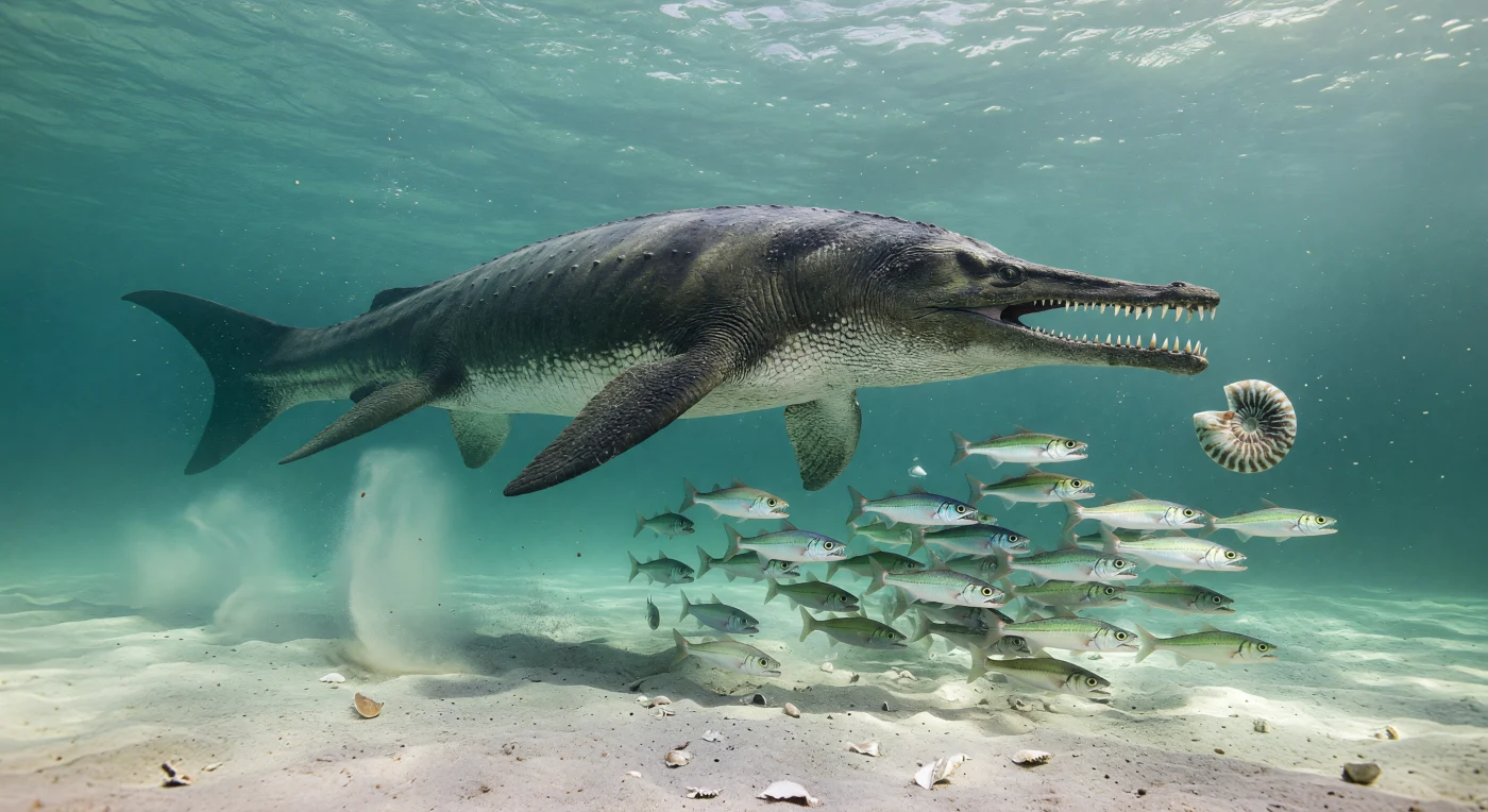 In the warm green-blue waters of the Western Interior Seaway about 80 million years ago, a giant mosasaur, Tylosaurus proriger, rushes through the midwater in pursuit of a school of Enchodus, the fang-toothed predatory fish often called “saber-toothed herrings.” Nearby, a striped Scaphites ammonite drifts above a soft seafloor of chalky carbonate mud and marl, typical of this broad inland sea that once split North America. The scene captures a Campanian marine ecosystem shaped by high sea levels, abundant plankton, and formidable reptilian predators.