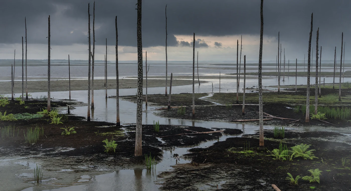 Diese Szene zeigt einen spätkarbonischen Küstensumpf in Euramerika vor etwa 310–300 Millionen Jahren, als ein ansteigendes Meer eine torfbildende Kohlenwald-Landschaft überflutete: abgestorbene, bis zu 25 Meter hohe Stämme von Sigillaria ragen wie bleiche Pfähle aus brackigem, schlammigem Wasser, während dünne Schlammlagen den schwarzen Torf und die wurzelreichen Böden begraben. Zwischen wenigen überlebenden Calamites-Schachtelhalmen, Farnen und Samenfarnen kündigen gezeitenbeeinflusste Rinnen und fernes Lagunenwasser den Übergang vom Süßwassersumpf zur küstennahen Meereswelt an. Solche versinkenden Moore lieferten den Ausgangsstoff für viele spätere Kohleflöze des Karbons, und selbst ein kleiner temnospondyler Amphibienjäger am Ufer wirkt winzig gegenüber den letzten Resten dieses uralten Tropenwaldes.