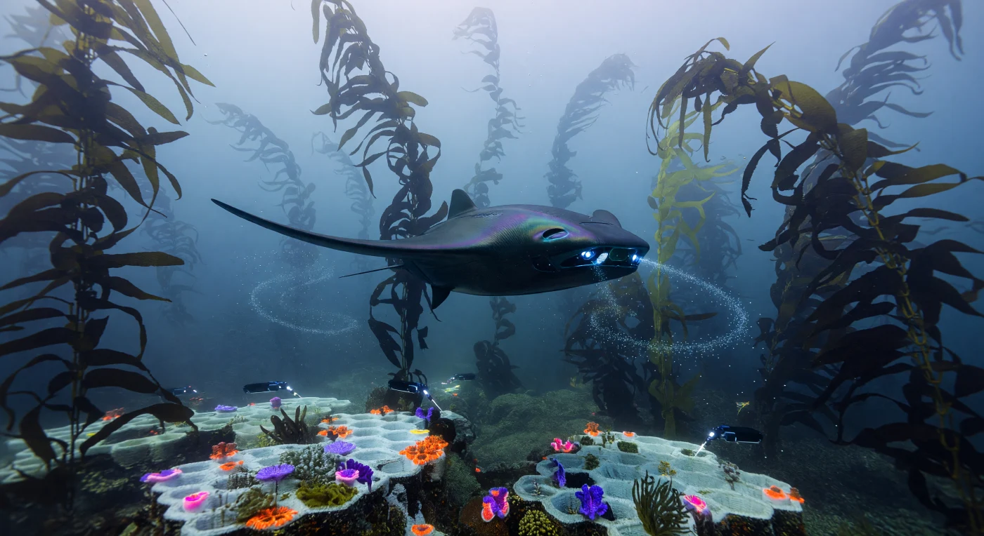 Een UN-Aegir "Sentinel" drone patrouilleert door een dicht, genetisch gemodificeerd woud van reuzenkelp (*Macrocystis gigas*) in de Noordelijke Stille Oceaan tijdens de overgangsperiode van "The Threshold" (2025–2050). In dit tijdperk van de "Blauwe Versnelling" werd de oceaan getransformeerd tot een strikt beheerd industrieel landschap, waar autonome systemen met behulp van bioluminescent "Smart Dust" de CO2-opslag monitoren bovenop kunstmatige riffen van "Symbio-Ceramics". Deze scène illustreert een cruciaal moment in de planetaire geschiedenis waarin de grens tussen natuur en algoritme vervaagde om een laatste ecologisch evenwicht af te dwingen.