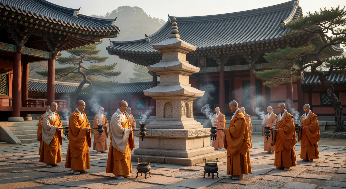 Buddhist monks in 8th-century Unified Silla process around the Seokgatap, an iconic granite pagoda at Bulguksa Temple renowned for its refined, austere proportions and mathematical balance. Clad in layered silk robes and carrying ornate bronze incense burners, these practitioners engage in a meditative circumambulation ritual typical of the period’s deep spiritual devotion. This scene captures the architectural and religious sophistication of Gyeongju, the "Golden City," during a cultural peak where Buddhism served as a central pillar of Korean state and society.