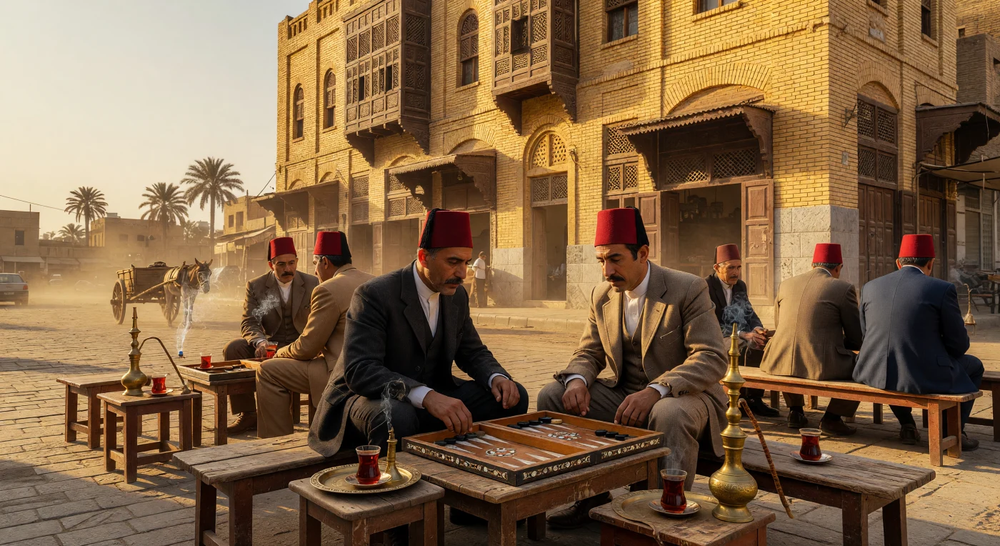 In questa veduta della Baghdad degli anni '30, sotto il Mandato Britannico, gli uomini della classe media "Effendiya" si ritrovano in una tipica *qahwa* all'ombra di eleganti schermi *mashrabiya* in legno intagliato e mattoni giallo oro. Tra le volute di fumo delle *nargileh* e il tintinnio dei bicchieri di tè, i frequentatori si sfidano a backgammon indossando abiti europei in lana completati dal tradizionale *tarbush* cremisi. Questa scena cattura vividamente un momento di transizione in Mesopotamia, dove le nuove influenze occidentali si intrecciavano con le radicate consuetudini sociali e architettoniche del periodo ottomano.