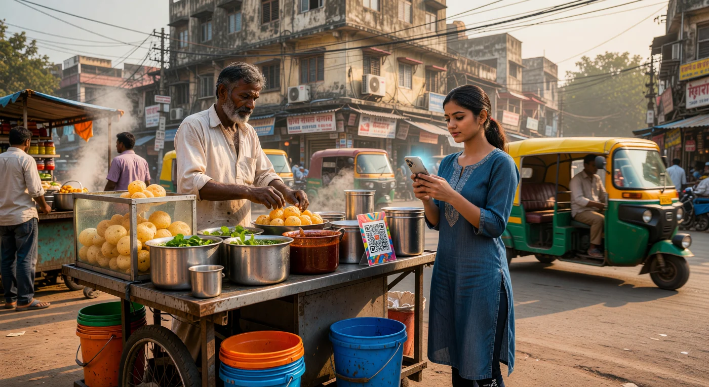 A street vendor in a traditional cotton kurta prepares *panipuri* for a customer who settles the transaction by scanning a UPI QR code with her smartphone. This scene illustrates the "Digital India" era of the early 2020s, where sophisticated mobile payment infrastructure became ubiquitous across the informal economy, bridging the gap between ancient culinary traditions and modern finance. The juxtaposition of the rustic wooden *thela* and stainless steel vessels against high-end mobile technology captures the rapid technological leapfrogging characteristic of South Asian urban life during the Digital Age.