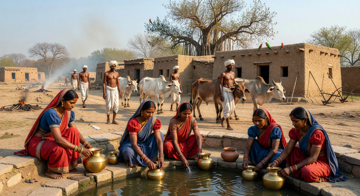 1900 के दशक के उत्तर-पश्चिमी भारत का यह दृश्य एक ग्रामीण तालाब के किनारे सुबह की हलचल को दर्शाता है, जहाँ पारंपरिक खादी साड़ियों और कांच की चूड़ियों से सजी महिलाएँ बलुआ पत्थर की सीढ़ियों पर पीतल के बर्तन साफ कर रही हैं। पास ही, धोती और पगड़ी पहने किसान कूबड़ वाले ज़ेबू बैलों को मिट्टी के घरों की ओर ले जा रहे हैं, जो ब्रिटिश राज के दौरान ग्रामीण जीवन की सादगी और आत्मनिर्भरता को दर्शाता है। यह चित्रण 'बेले एपोक' काल के दौरान औपनिवेशिक प्रभावों के बावजूद भारतीय गाँवों में सदियों से चली आ रही सांस्कृतिक और सामाजिक परंपराओं के जीवंत स्वरूप को प्रस्तुत करता है।