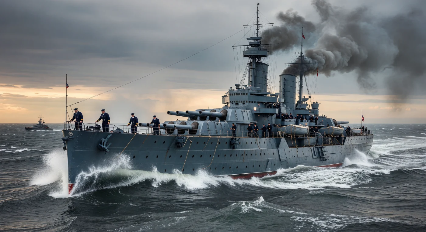 1906 का HMS ड्रेडनॉट उत्तरी सागर की लहरों को चीरते हुए अपनी पूरी रफ़्तार से आगे बढ़ रहा है, जो समुद्री सैन्य इतिहास में एक युगांतरकारी क्षण को दर्शाता है। यह क्रांतिकारी युद्धपोत अपने विशाल 12-इंच के तोप बुर्जों और आधुनिक भाप टर्बाइनों के साथ 'ऑल-बिग-गन' युग की शुरुआत का प्रतीक बना। इसके चिमनियों से निकलता गहरा काला धुआं और मज़बूत स्टील का ढांचा बेले एपोक (Belle Époque) की औद्योगिक शक्ति और तत्कालीन ब्रिटिश नौसैनिक प्रभुत्व को जीवंत करता है।