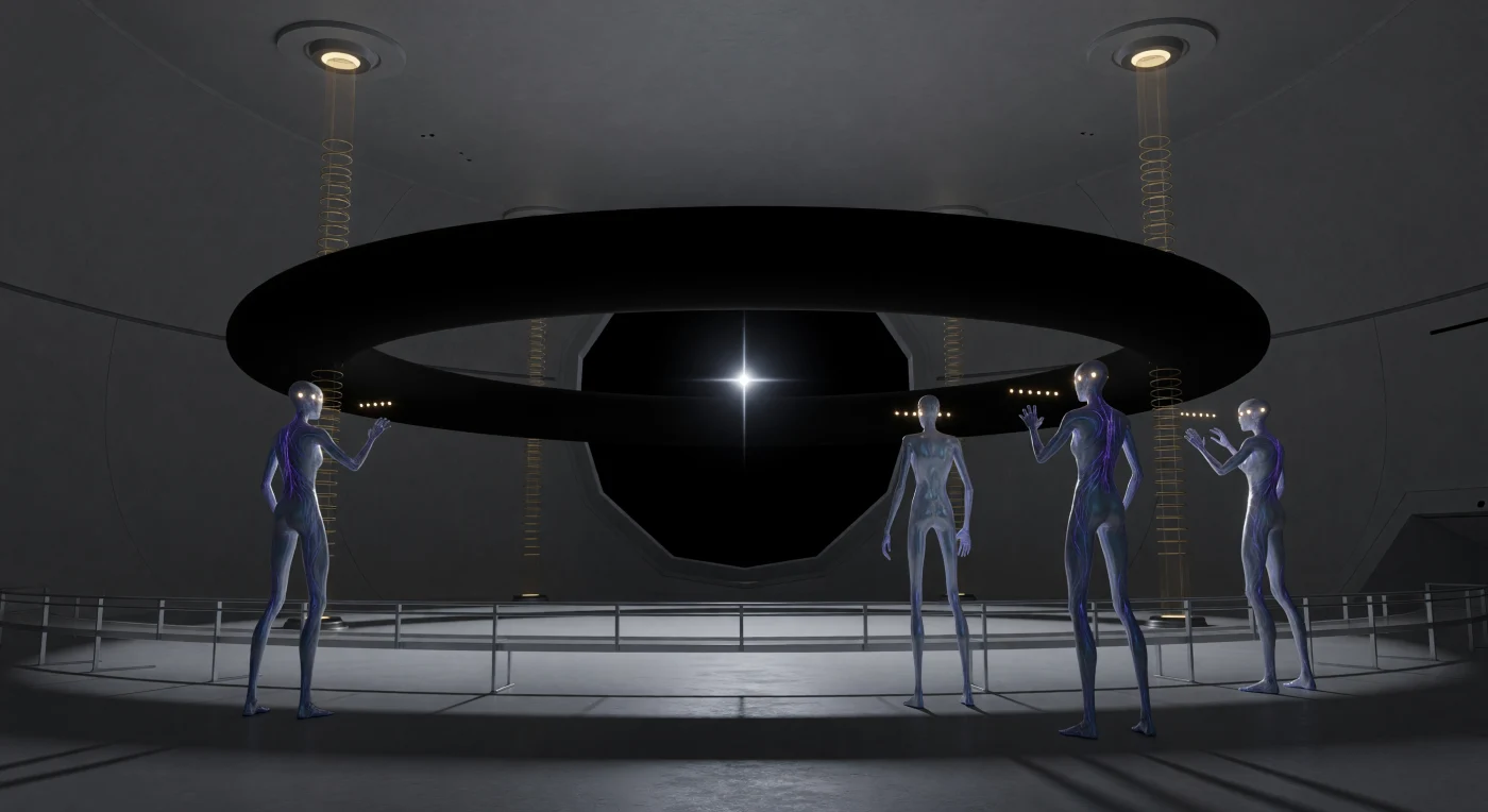 450,000 ईस्वी के सुदूर भविष्य के कालखंड में, बूटीज़ वॉइड (Boötes Void) की अगाध शून्यता के बीच स्थित यह 'वैक्यूम-साइफन' क्वांटम वैक्यूम से ऊर्जा निष्कर्षण की चरम तकनीक को दर्शाता है। यहाँ 'स्ट्रेंज मैटर' (Strange Matter) का एक विशाल काला छल्ला हिग्स क्षेत्र में कृत्रिम असंतुलन पैदा कर रहा है, जिससे इसके केंद्र में तीव्र श्वेत प्रकाश का एक बिंदु उत्पन्न होता है जो शून्य-बिंदु ऊर्जा (Zero-Point Energy) के दोहन का प्रमाण है। इस दृश्य में साढ़े तीन मीटर ऊंचे उत्तर-जैविक (post-biological) 'वॉइड-इंजीनियर्स' को इस भयावह शक्ति को नियंत्रित करते हुए देखा जा सकता है, जो ब्रह्मांडीय भौतिकी के मूलभूत नियमों को महज़ इंजीनियरिंग मापदंडों में बदलने की उनकी विकसित क्षमता को उजागर करता है।