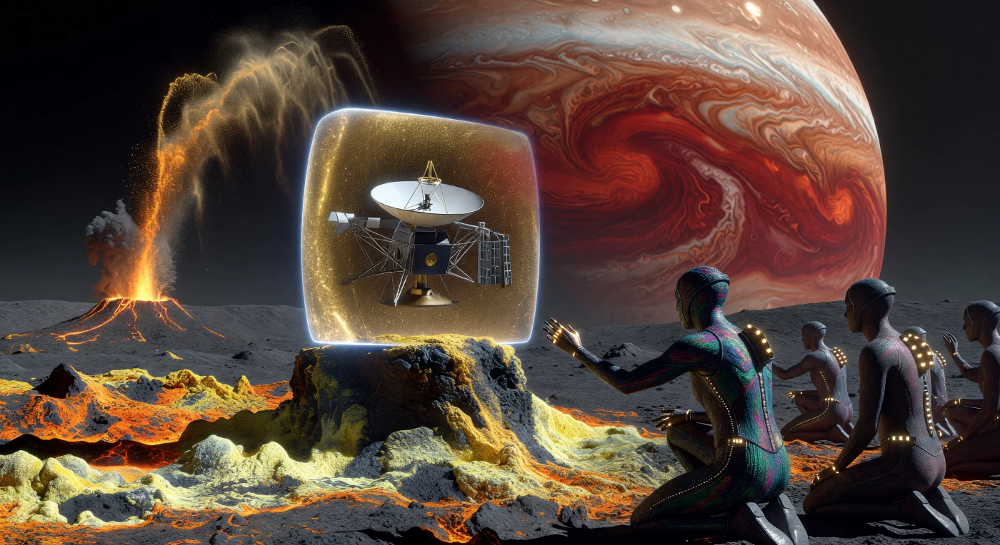 Auf den schwefelgelben Ebenen des Jupitermondes Io steht die antike Raumsonde Voyager 1, die hier während der Ära der Solaren Expansion (ca. 2500–3000 n. Chr.) in einem schimmernden Stasisfeld als kulturelles Relikt bewahrt wird. Vor der gewaltigen Kulisse des Großen Roten Flecks und emporsteigender Silikatvulkanfahnen huldigen „Vakuum-Gehärtete“ – durch Nanodermis-Häute an die extreme Strahlung angepasste Nachfahren der Menschheit – diesem technologischen Vorfahren aus dem 20. Jahrhundert. Diese Szene illustriert die tiefe Verbundenheit der Jovianischen Zivilisation mit ihren terrestrischen Ursprüngen inmitten der lebensfeindlichen, geologisch hochaktiven Umgebung des äußeren Sonnensystems.