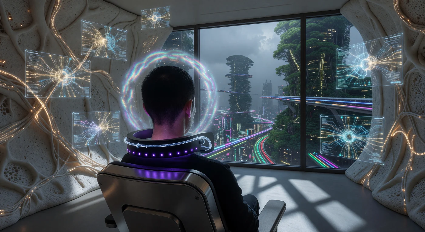 Diese Szene dokumentiert die Geburtsstunde der Vance-Synaptik-Brücke im Jahr 2214 n. Chr., einem technologischen Wendepunkt der „Großen Divergenz“, bei dem ein obsidianfarbener Graphen-Kragen die neuronale Architektur des Probanden in ein pulsierendes violettes Licht taucht. Durch den Einsatz von Nanobots ermöglichte diese Apparatur der Spezies *Homo sapiens* erstmals den direkten, verlustfreien Datenaustausch zwischen biologischen Synapsen und digitalen Netzwerken, sichtbar gemacht durch ein schimmerndes Halo aus ionisierter Luft. Umgeben von Wänden aus biotechnologischem Myzel markiert dieser Moment in Neo-Kyoto den Übergang von einer rein terrestrischen Lebensform hin zur post-humanen Ära der Digitalen Aszendenz.