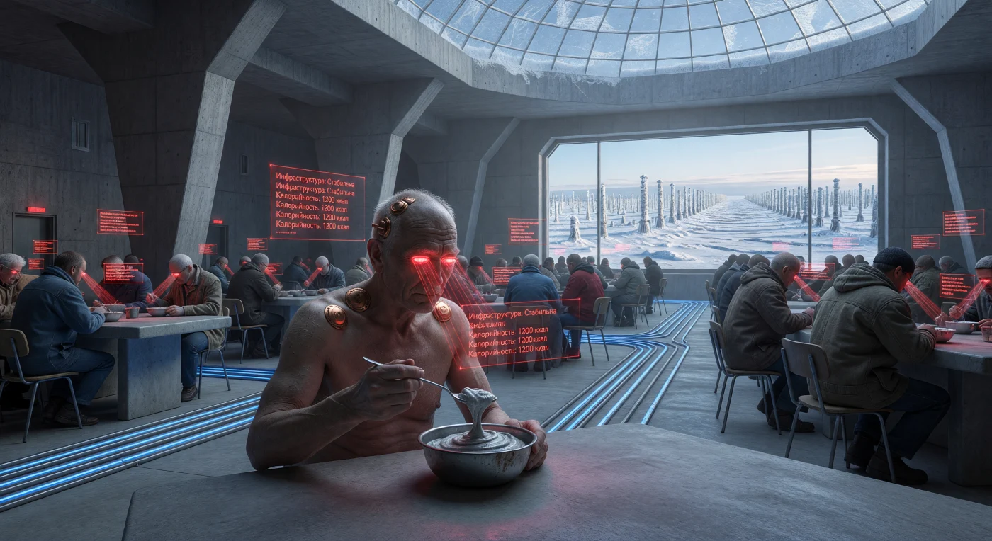 Tijdens de periode van de *Augmented Dawn* (2050–2100) onderging de menselijke soort een ingrijpende technologische divergentie, zoals hier te zien bij een lid van de Vanguard-klasse in een brutalistische gemeenschapszaal van de Euraziatische Federatie. De figuur is via koperen neurale poorten verbonden met de staats-AI, terwijl rode holografische datastromen zijn maaltijd van vitro-proteïnepasta overlappen in een wereld die wordt aangedreven door aneutronische fusie. Deze scène illustreert de overgang naar een gesynchroniseerd bestaan, waarin de Vanguard zich onderscheidden van de niet-gemodificeerde Solidaristen om te overleven in de barre klimatologische omstandigheden van de Siberische toendra.