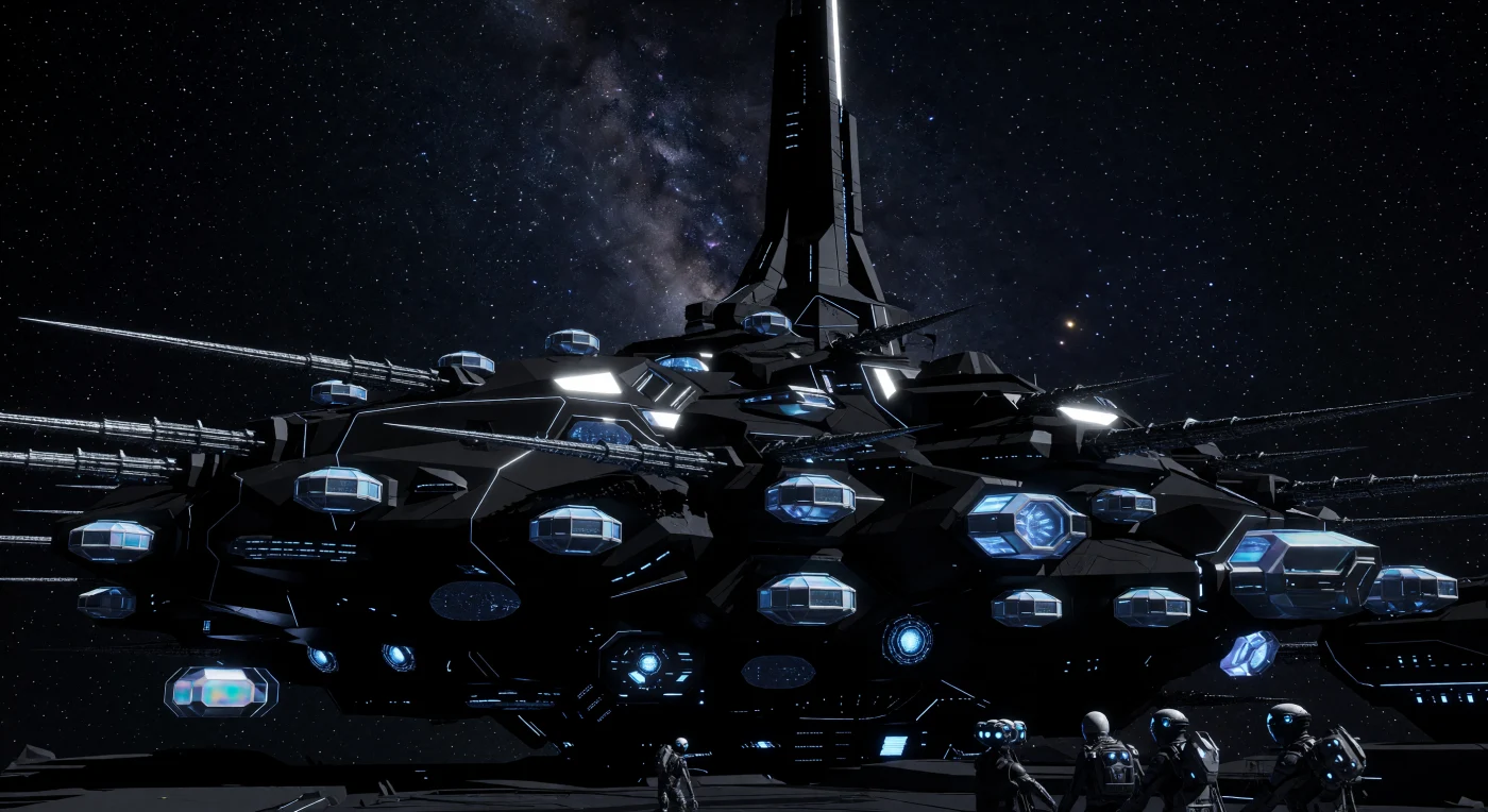 Deze massieve Aegis-bastion, een orbitale fortificatie uit de 28e eeuw gestationeerd in het L5-Lagrangepunt, manifesteert zich als een geometrische leegte tegen de Melkweg door zijn lichtabsorberende Vantablack-4-beplating. Post-planetaire mensen, aangepast aan een leven in lage zwaartekracht en gehuld in bio-chitine drukpakken, navigeren langs de enorme koolstofnanobuis-stellages en ceruleumblauwe zwaartekrachtgeneratoren. Als monumentaal overblijfsel uit de 'Solar Expansion' (2500–3000 n.Chr.) illustreert dit bastion de defensieve architectuur van een mensheid die de grenzen van de planetaire biologie en de aardse zwaartekracht definitief had overstegen.