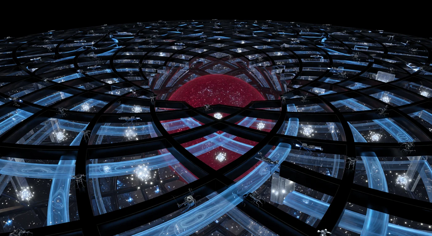 Deze weergave uit de periode van de Kosmische Maturiteit (ca. 20.000 – 100.000 n.Chr.) toont het Grote Matrioshka-rooster, een continent-grote megastructuur van Vantablack-koolstof en diamantkristallen die een G-type ster omspant. Binnen dit complexe web zweven de Contemplatieven, Substraat-Onafhankelijke Geesten (SIM's) die als luminescente geometrische patronen door de kwantumsubstraten dansen, constant gekoeld door ceruleumblauwe stromen van supervloeibaar helium. Terwijl moleculaire assembleerders het geraamte met mechanische precisie onderhouden, filteren dichte fotovoltaïsche schillen het sterlicht tot een dieprode gloed, wat de ultieme convergentie markeert tussen materie, energie en een transcendent, post-biologisch bewustzijn.