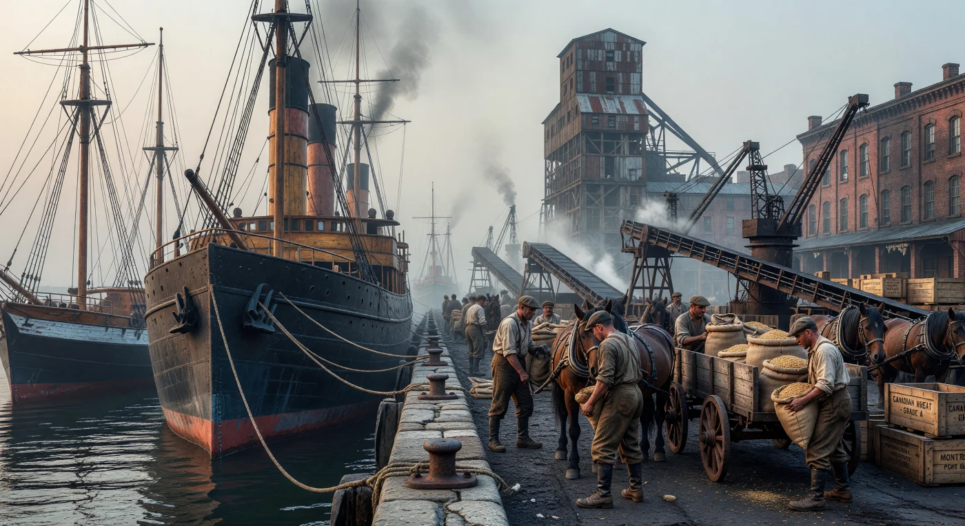 En los muelles de un puerto norteamericano hacia 1905, un imponente vapor de casco de acero y una goleta de madera descansan frente a un colosal elevador de granos, capturando la transición tecnológica entre la vela y el vapor. Bajo una luz matutina filtrada por la neblina industrial, estibadores irlandeses e italianos cargan con esfuerzo pesados sacos de trigo canadiense, mientras potentes caballos Percherón aguardan entre el ajetreo del comercio global. Esta estampa de la Belle Époque refleja la vitalidad de una era definida por la inmigración masiva y el auge de las Américas como el granero del mundo.
