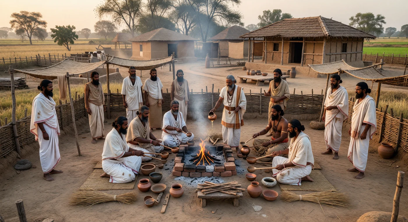 Im Morgenlicht eines wohlhabenden Gehöfts im späten vedischen Nordindien versammeln sich bärtige Brahmanen in weißen Baumwollgewändern um einen niedrigen, mit Ziegeln eingefassten Feueraltar, während ein Kshatriya-Herrscher Ghee aus einem Kupfergefäß in die Flammen gießt. Solche Opferhandlungen standen zwischen etwa 800 und 600 v. Chr. im Kern der religiösen und politischen Ordnung der Kuru-Pañcāla-Region: Priester rezitierten mündlich überlieferte Hymnen, und der Patron bekräftigte durch das Ritual Rang, Wohlstand und kosmische Legitimität. Die Holzpfosten, Flechtzäune, Grasbündel und schlichten Gefäße zeigen eine Welt vor Tempelbauten und Götterbildern, in der das heilige Feuer selbst das Zentrum der sakralen Handlung war.