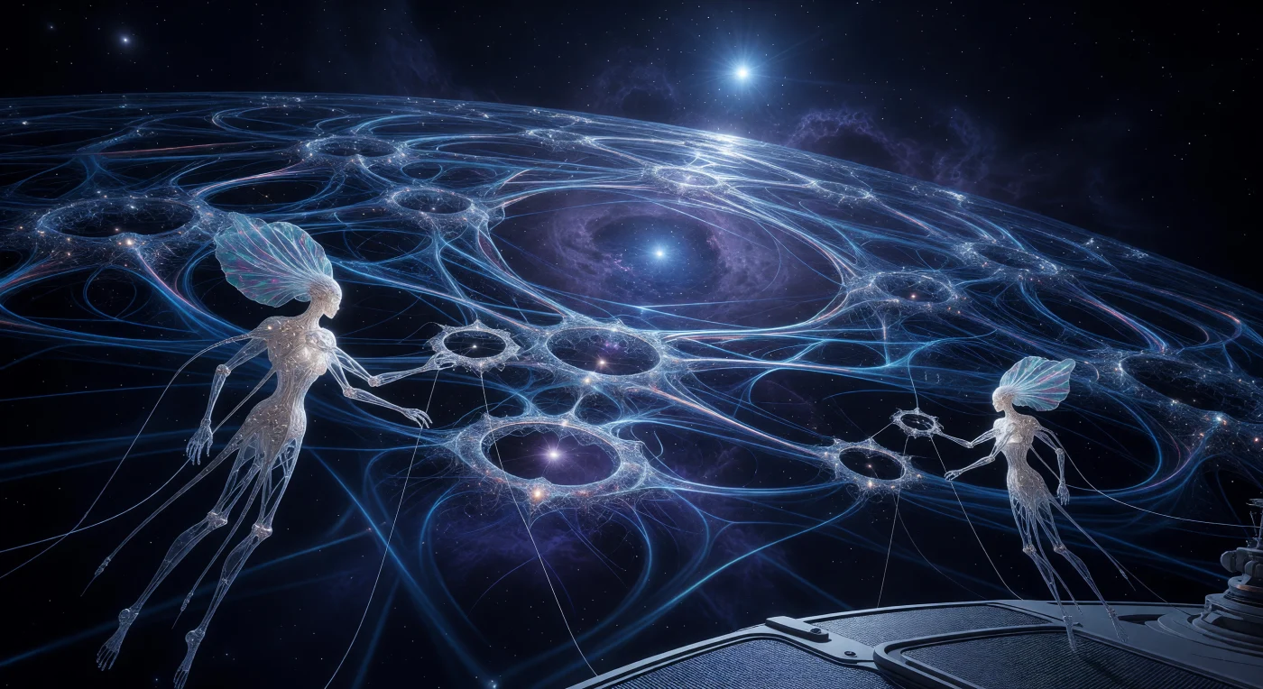 यह दृश्य ८,९०,००० ईस्वी के 'द होराइजन' युग का है, जहाँ वेगा तारे के प्रकाश में 'क्रोनो-लैटिस' नामक एक विशाल नियॉन-नीली ज्यामितीय संरचना अंतरिक्ष के ताने-बाने में संपूर्ण इतिहास को संजो रही है। अग्रभूमि में लायरा नेबुला के 'आर्काइविस्ट' (Archivists) दिखाई दे रहे हैं, जो पारभासी सिलिका-कार्बन से बने ४-मीटर लंबे उत्तर-जैविक जीव हैं और अपने विशिष्ट संवेदी पंखों से गुरुत्वाकर्षण तरंगों को नियंत्रित करते हैं। यह उन्नत तकनीक गुरुत्वाकर्षण लेंसिंग और 'स्ट्रेंज मैटर' का उपयोग कर निर्वात को एक शाश्वत पुस्तकालय में बदल देती है, जो सुदूर भविष्य में जीवन और भौतिकी के बीच के अटूट संबंध को प्रदर्शित करती है।