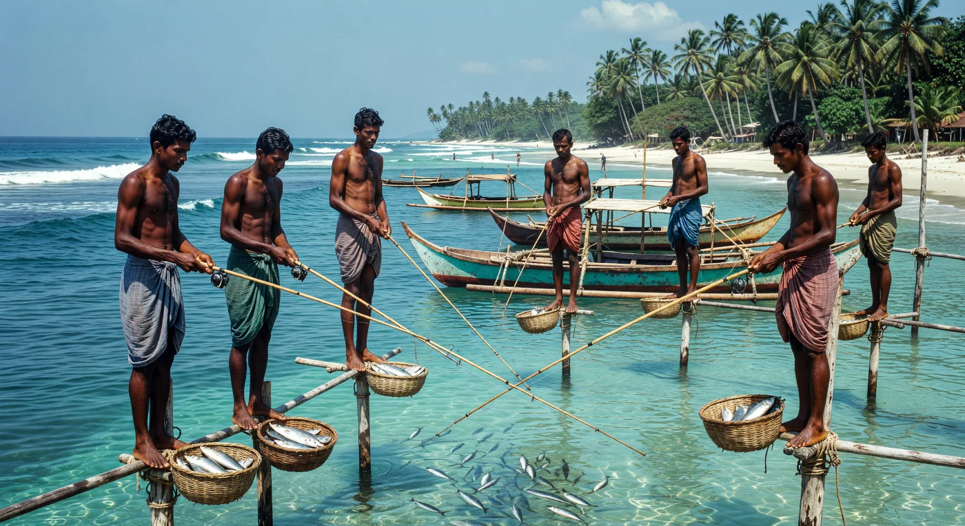 1960 के दशक के मध्य में, सीलोन (श्रीलंका) के वेलिगामा तट पर पारंपरिक सिंहली मछुआरे 'रितिपन्ना' नामक लकड़ी के खंभों पर संतुलन बनाए हुए हिंद महासागर की लहरों के बीच मछली पकड़ते दिखाई दे रहे हैं। हाथ से बुने हुए सूती लुंगी पहने ये कुशल मछुआरे बिना रील वाली बांस की छड़ियों का उपयोग करते हैं, जो उनके पूर्वजों से चली आ रही एक अनूठी और टिकाऊ मत्स्य पालन तकनीक को दर्शाता है। पृष्ठभूमि में खड़ी पारंपरिक 'ओरुवा' नावें और ताड़ के पेड़ों से घिरा तट इस शांत दृश्य को पूरा करता है, जो आधुनिकता के प्रभाव से पहले के दक्षिण एशियाई तटीय जीवन की एक जीवंत झलक पेश करता है।